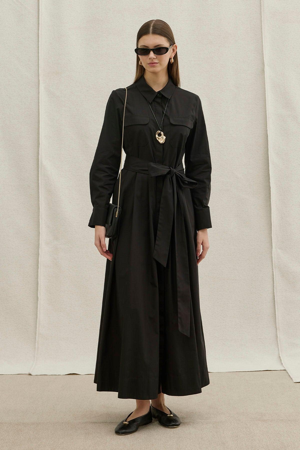 Soft Cotton Long Black Dress with Belt