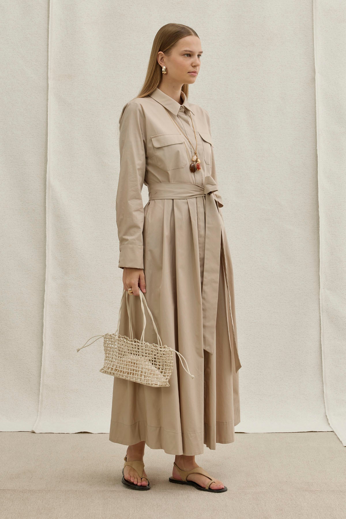 Soft Cotton Long Stone Dress with Belt