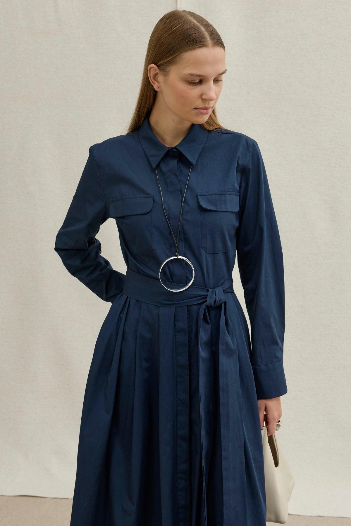 Soft Cotton Long Navy Dress with Belt