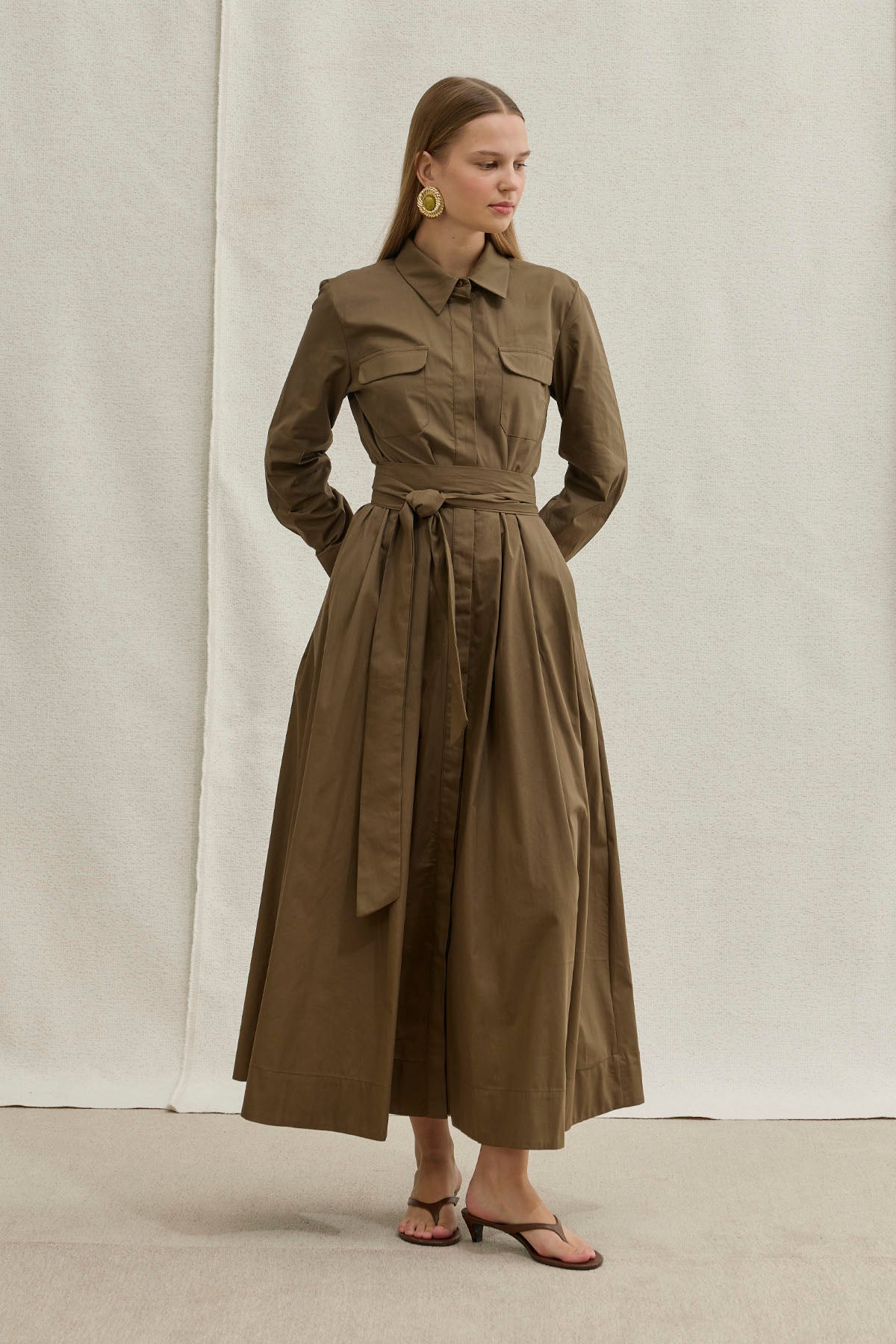 Soft Cotton Kuşaklı Uzun Haki Elbise