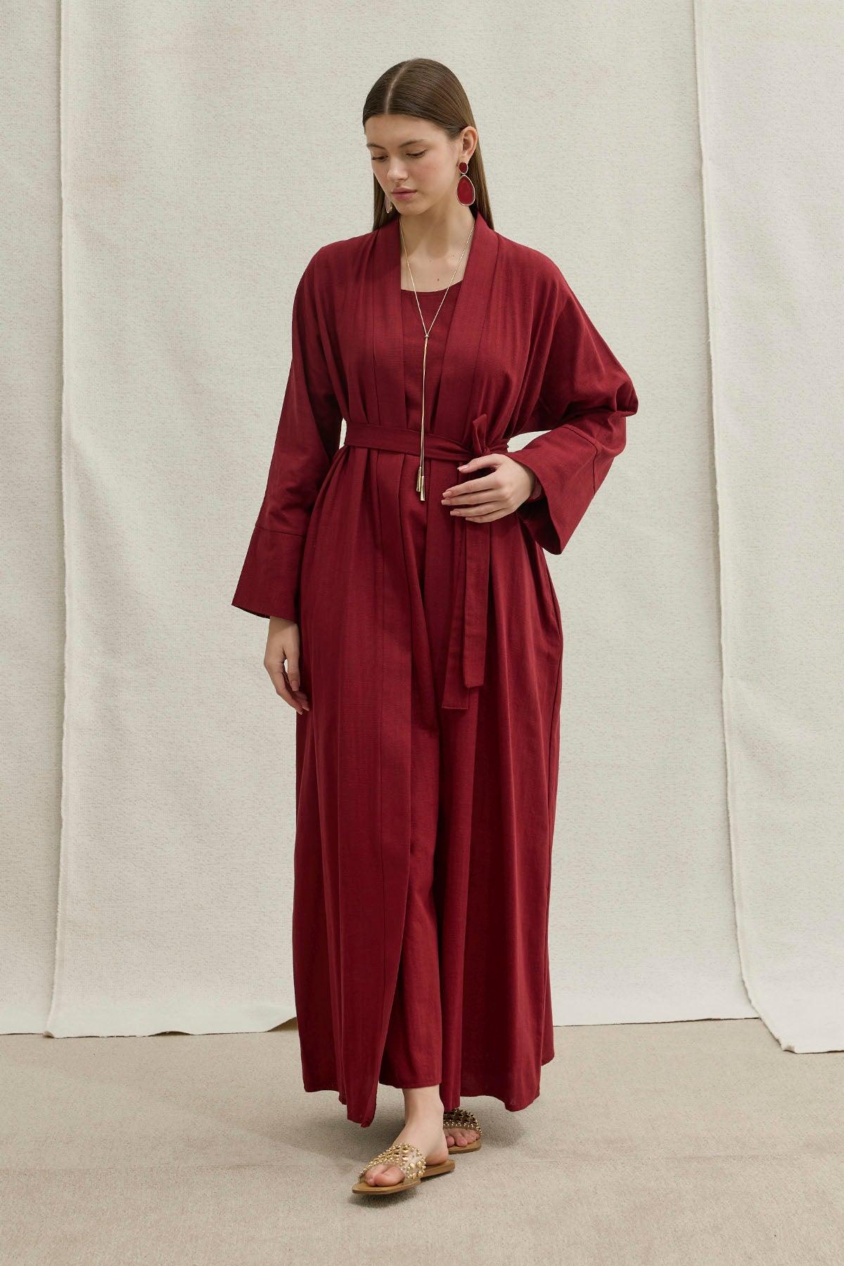 Soft Cotton Linen Two-Piece Burgundy Abaya Set
