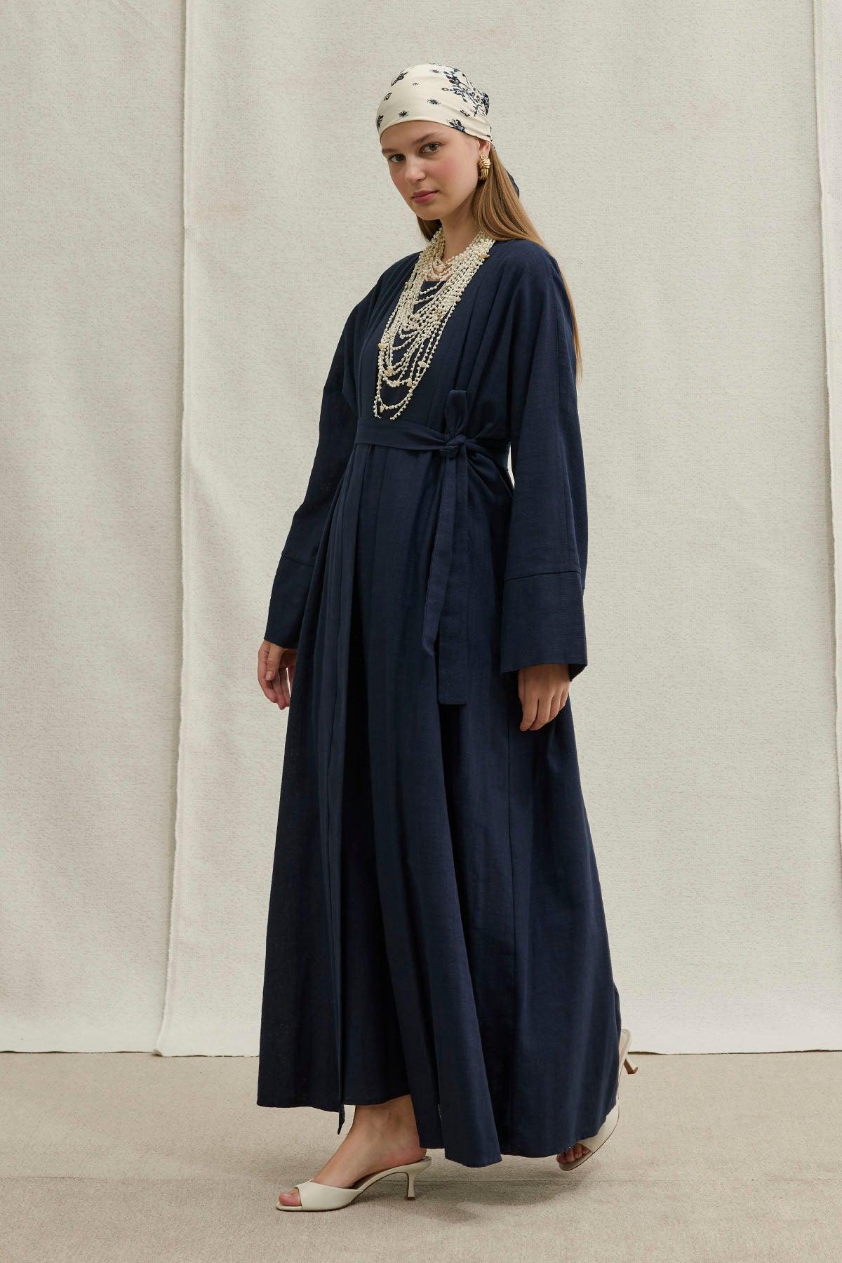 Soft Cotton Linen Two-Piece Navy Blue Abaya Set