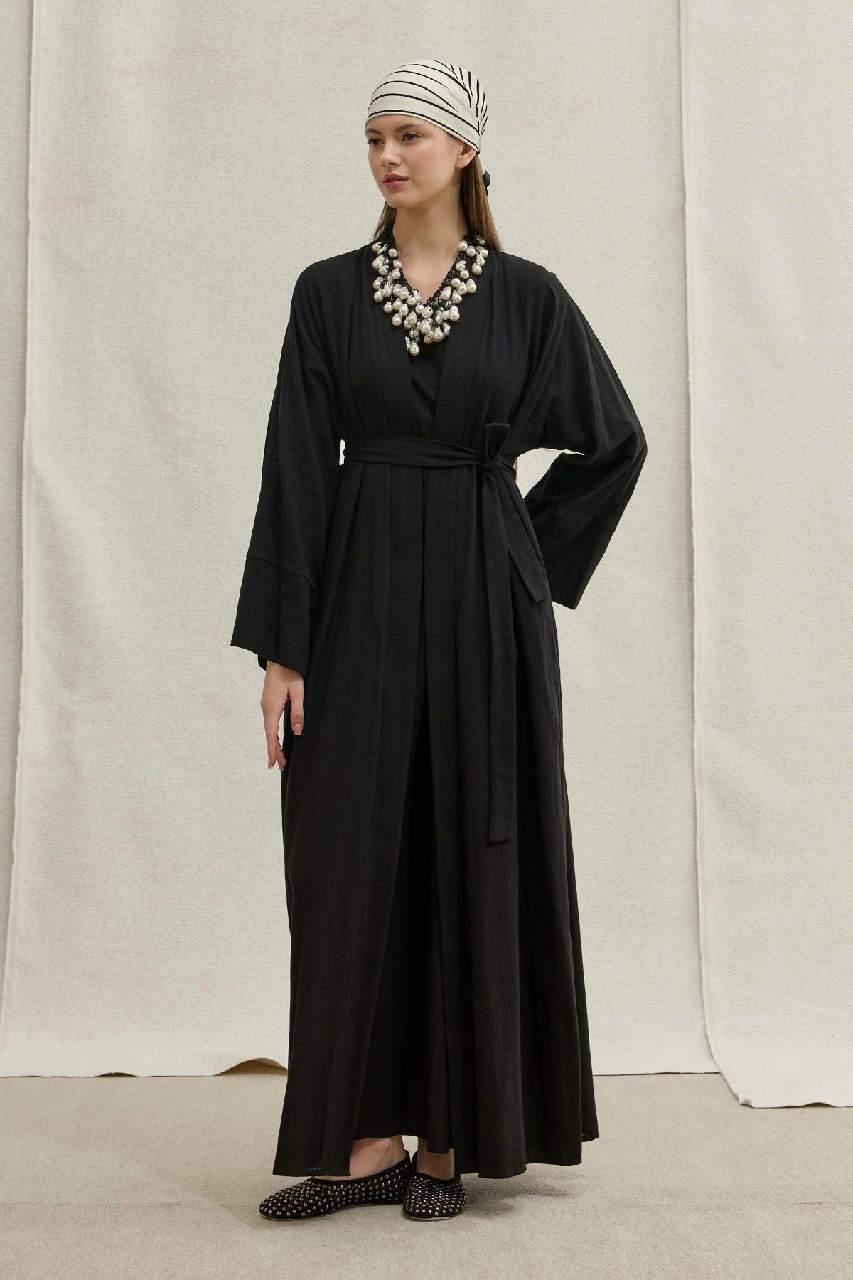 Soft Cotton Linen Two-Piece Black Abaya Set
