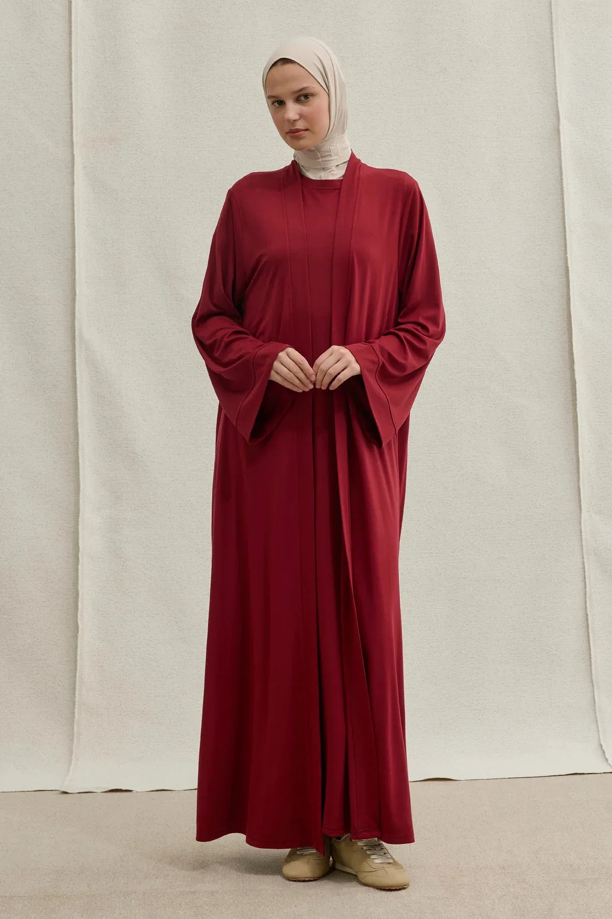 Active Modest Spor Geniş Kol Bordo İkili Abaya Takım