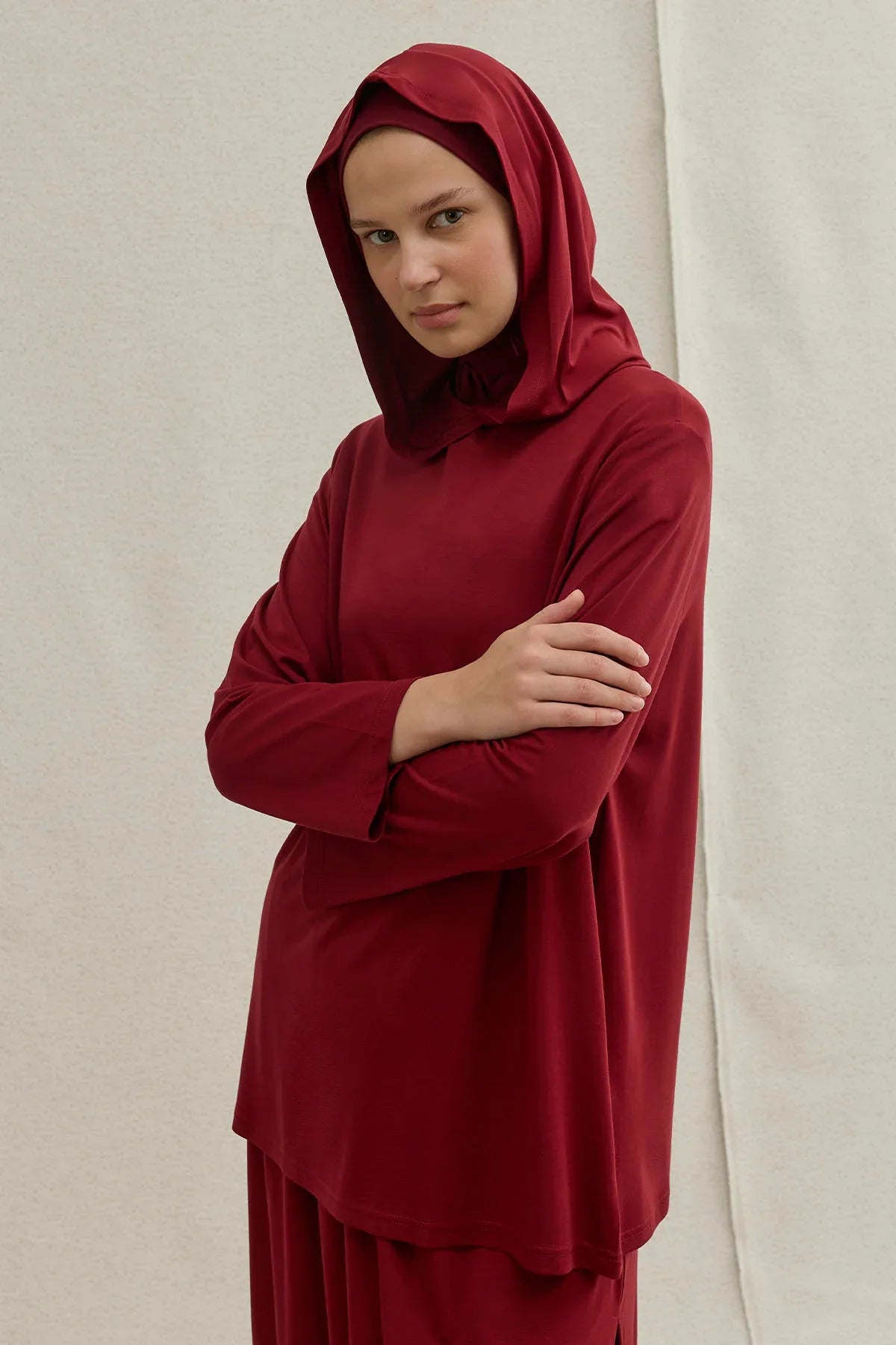 Actıve Modest Kapüşonlu Tesettür Spor Bordo Takım
