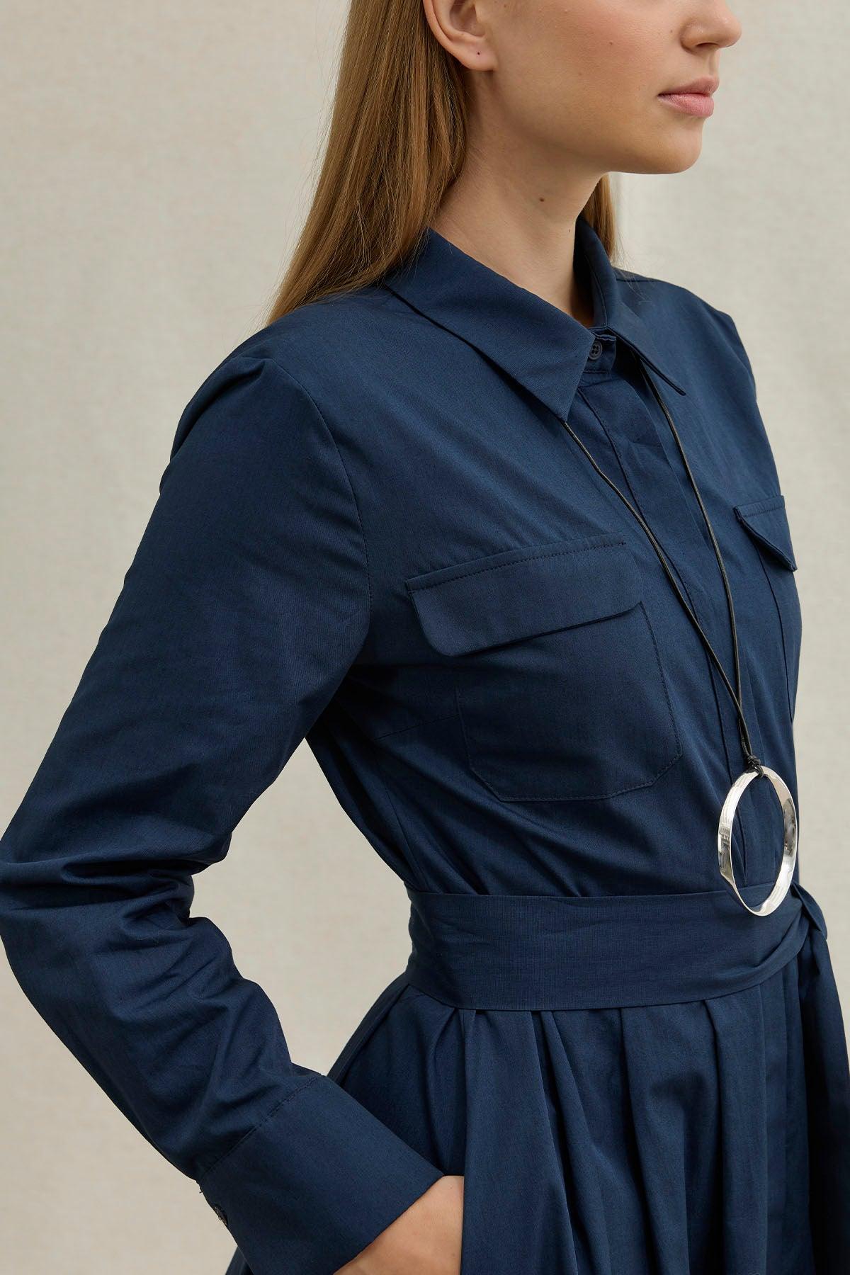 Soft Cotton Long Navy Dress with Belt