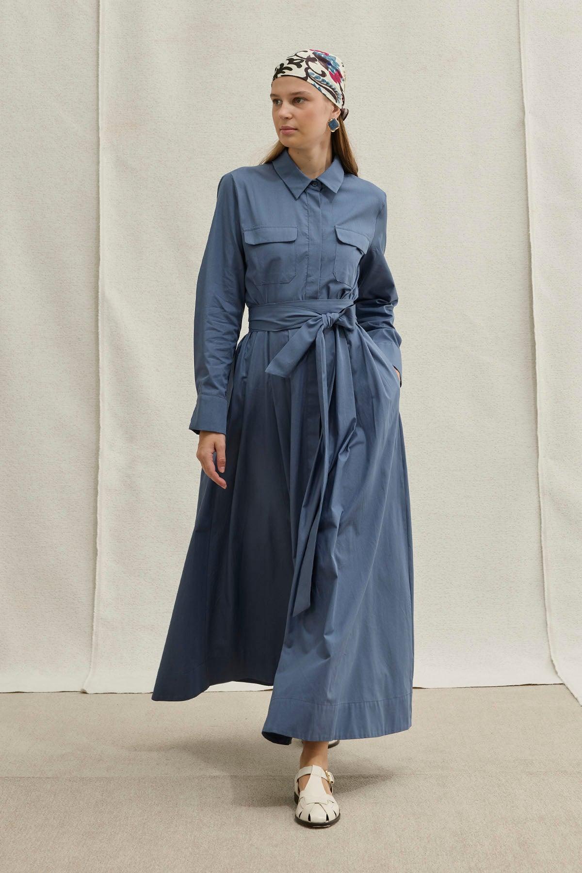 Soft Cotton Long Blue Dress with Belt