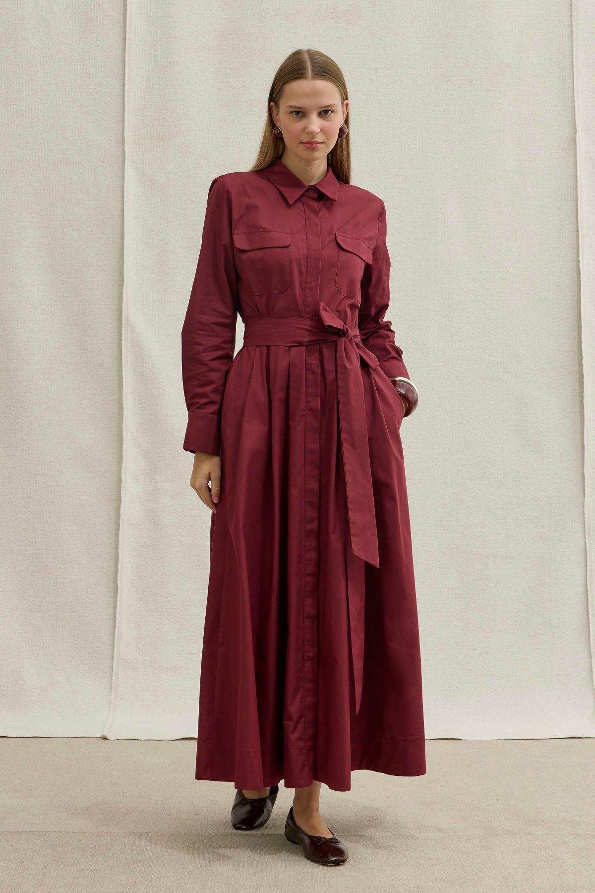 Soft Cotton Kuşaklı Uzun Bordo Elbise
