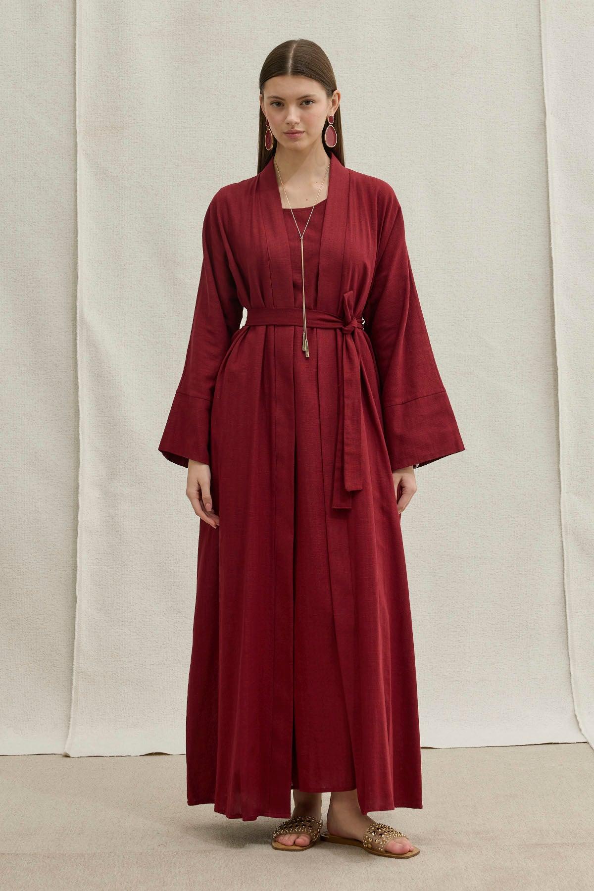 Soft Cotton Linen Two-Piece Burgundy Abaya Set