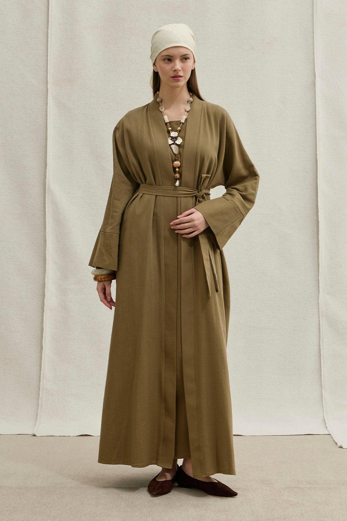 Soft Cotton Linen Two-Piece Khaki Abaya Set