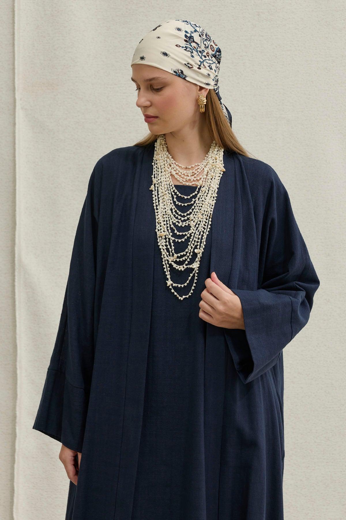 Soft Cotton Linen Two-Piece Navy Blue Abaya Set