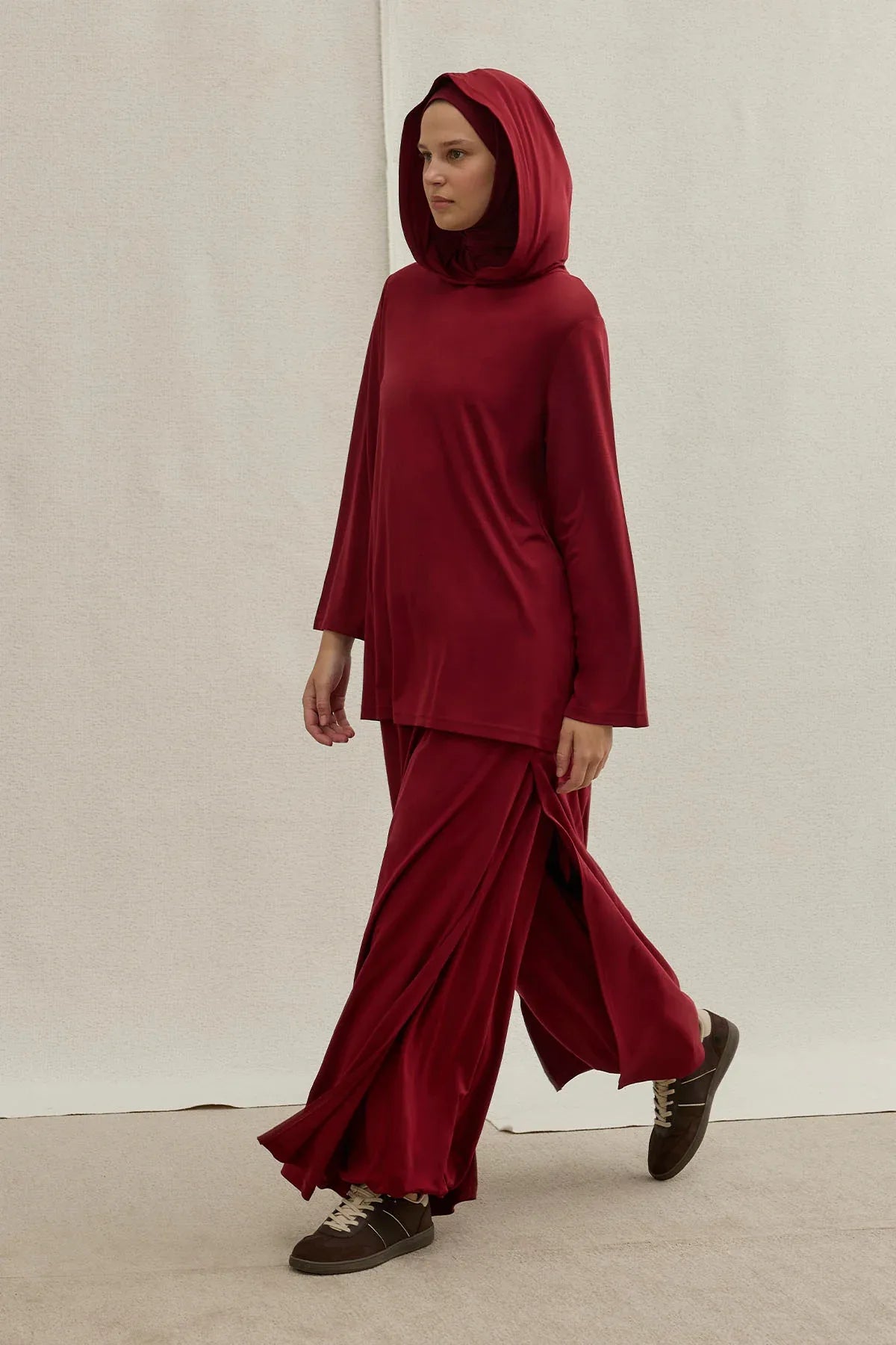 Actıve Modest Kapüşonlu Tesettür Spor Bordo Takım