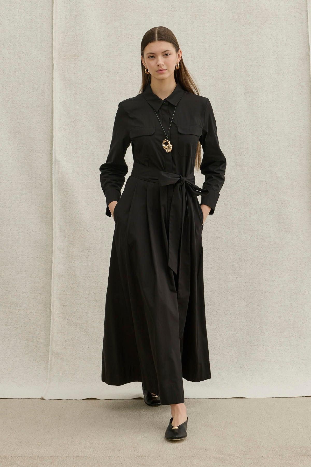 Soft Cotton Long Black Dress with Belt