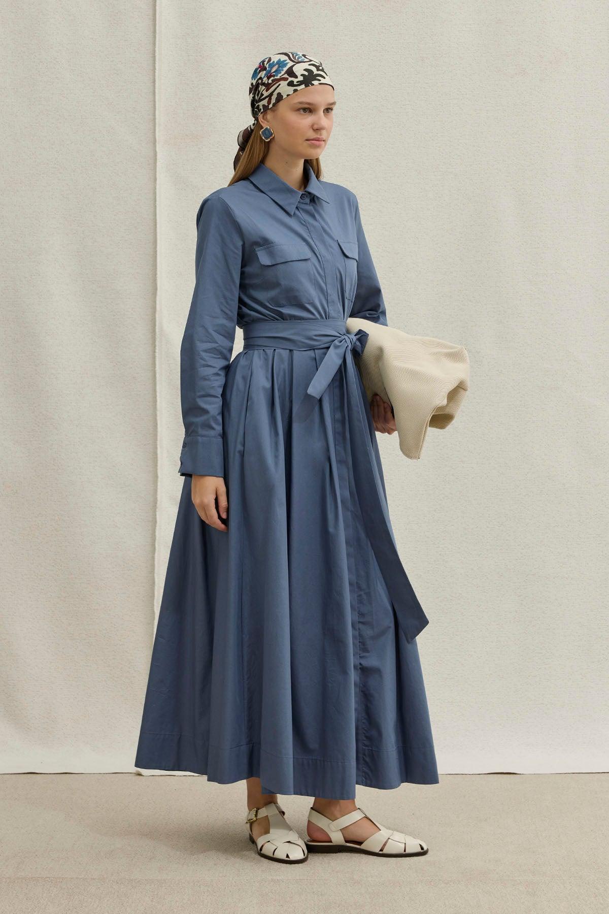 Soft Cotton Long Blue Dress with Belt