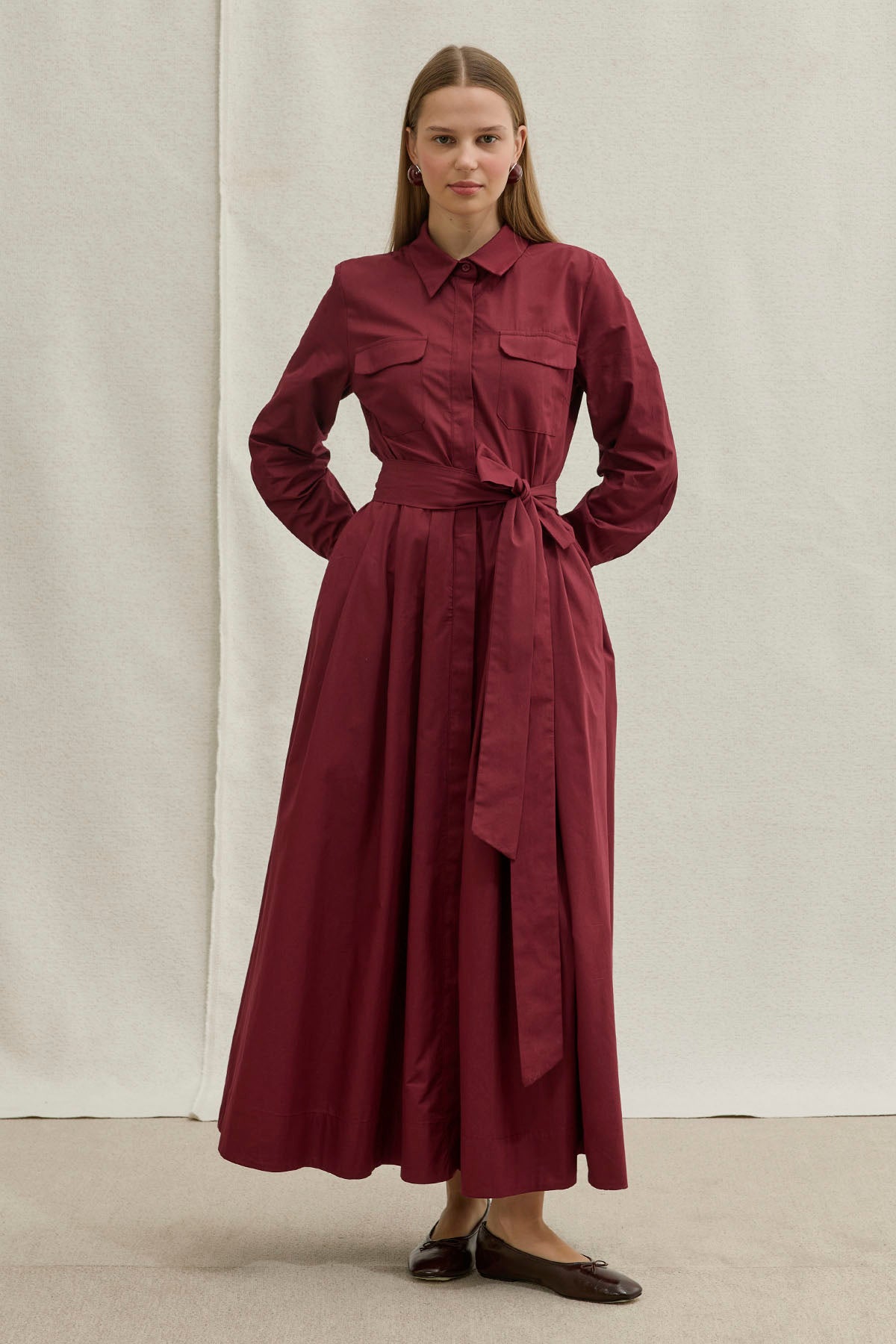 Soft Cotton Long Burgundy Dress with Belt