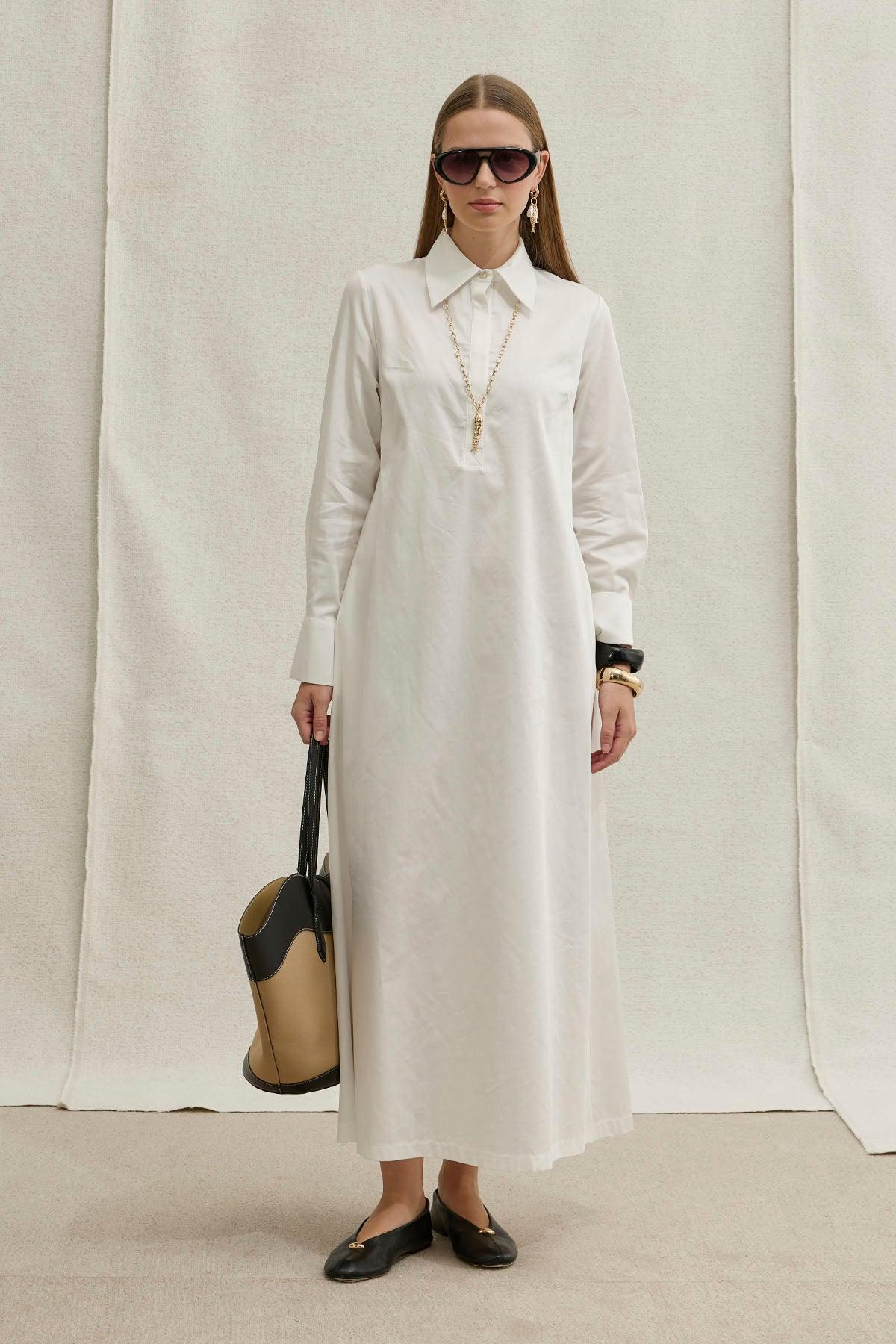 Soft Cotton Yarım Düğmeli Beyaz Uzun Gömlek Elbise