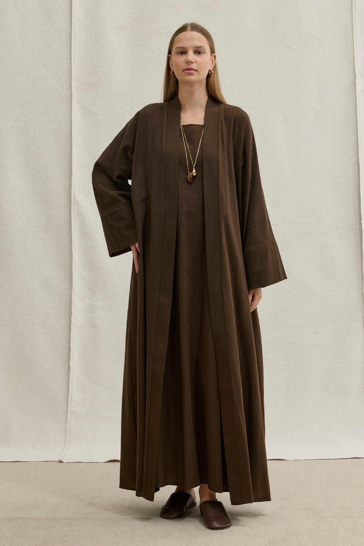 Soft Cotton Linen Two-Piece Brown Abaya Set