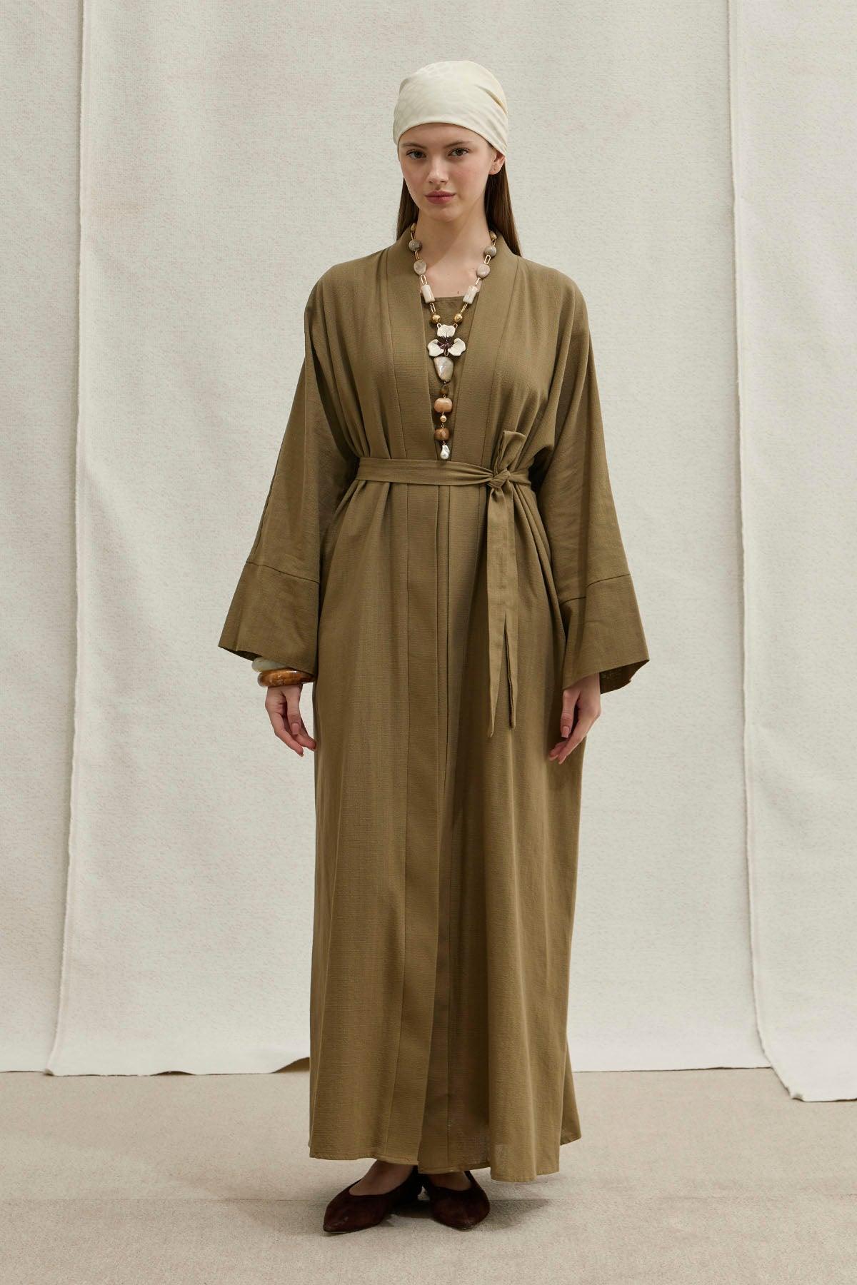 Soft Cotton Linen Two-Piece Khaki Abaya Set