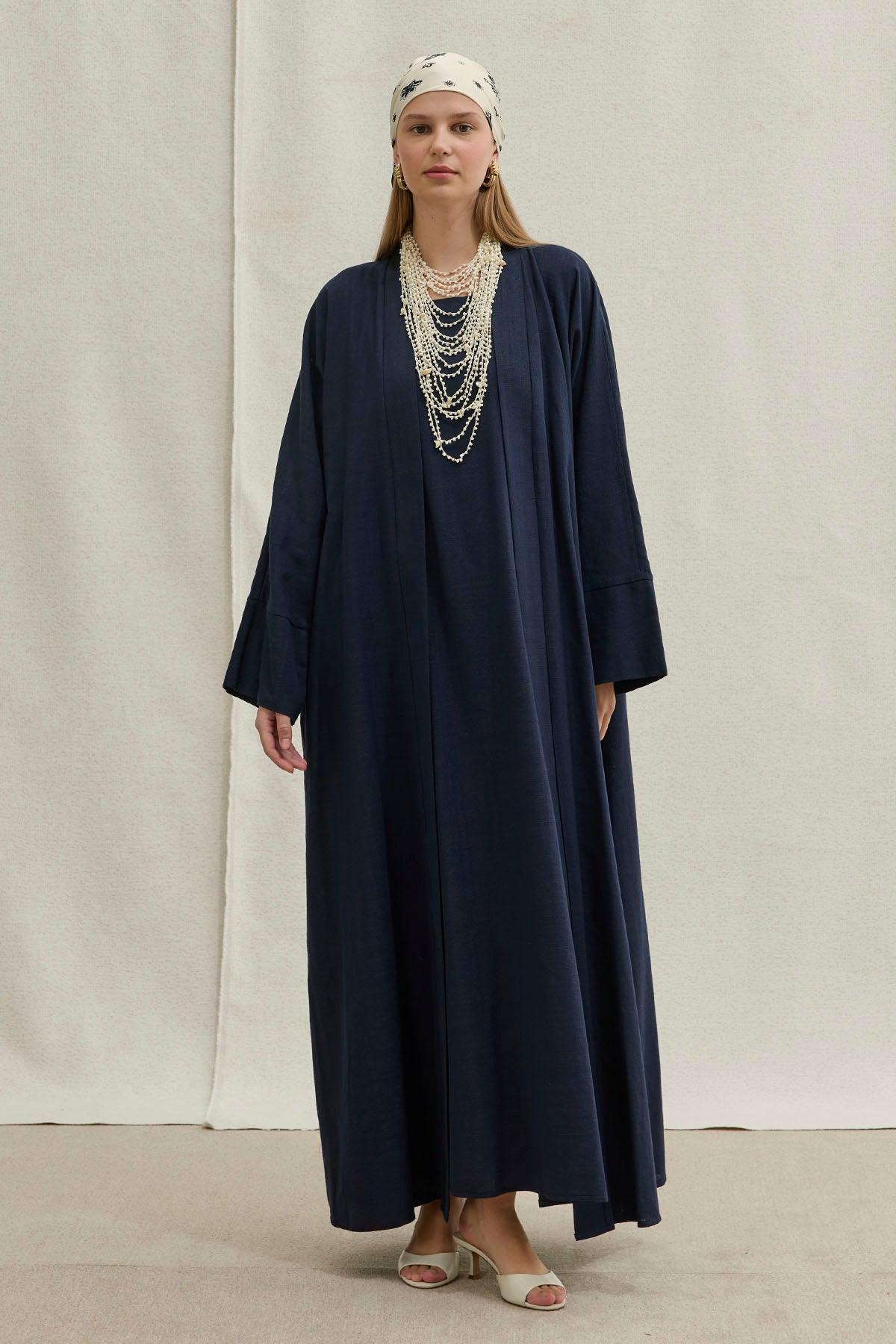 Soft Cotton Linen Two-Piece Navy Blue Abaya Set