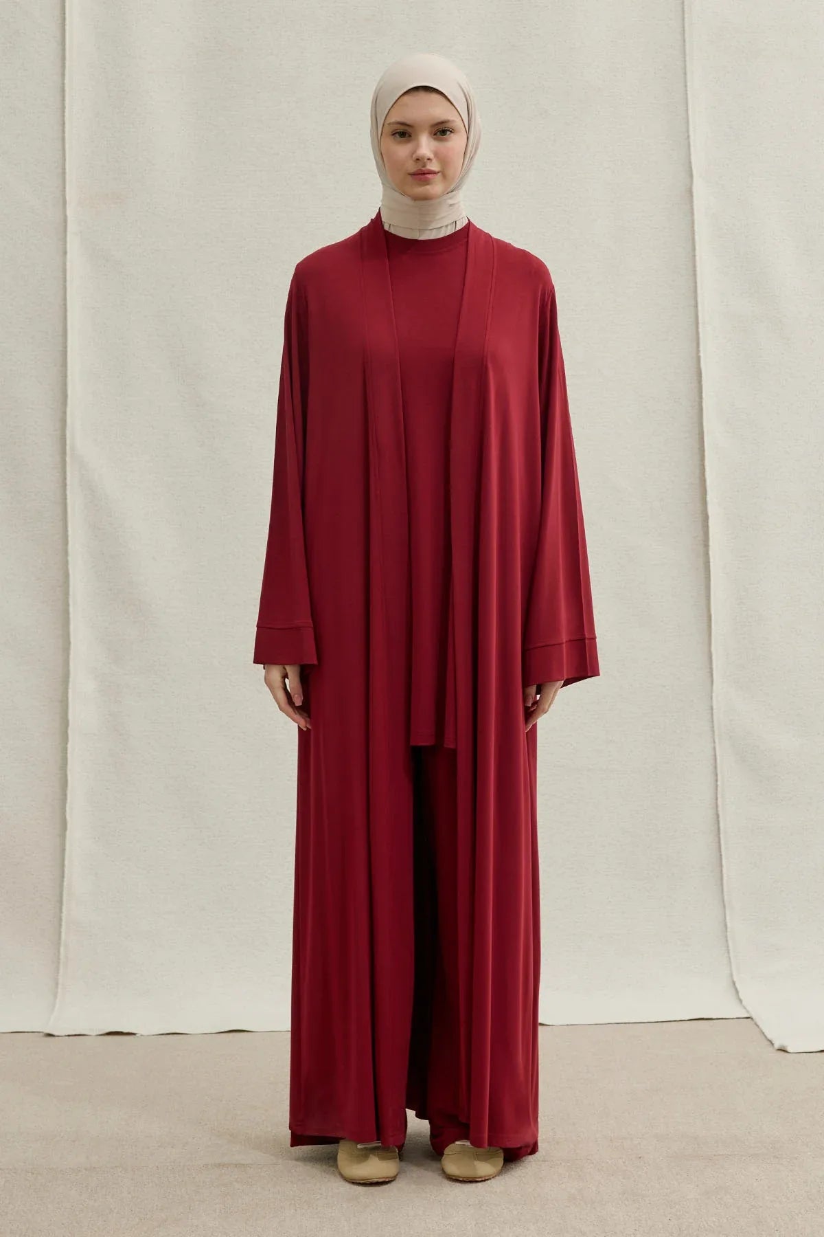 Actıve Modest Spor Bordo Üçlü Abaya Takım