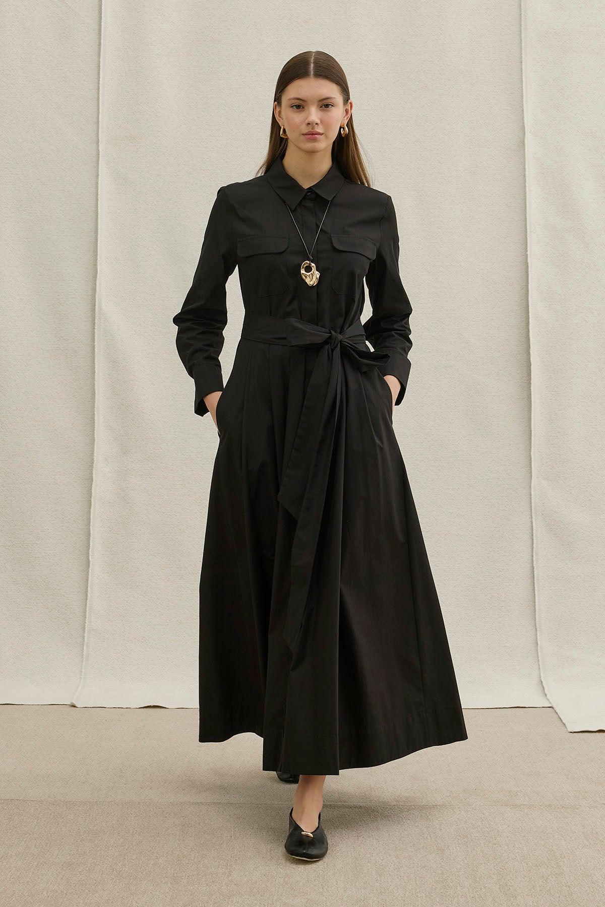 Soft Cotton Long Black Dress with Belt
