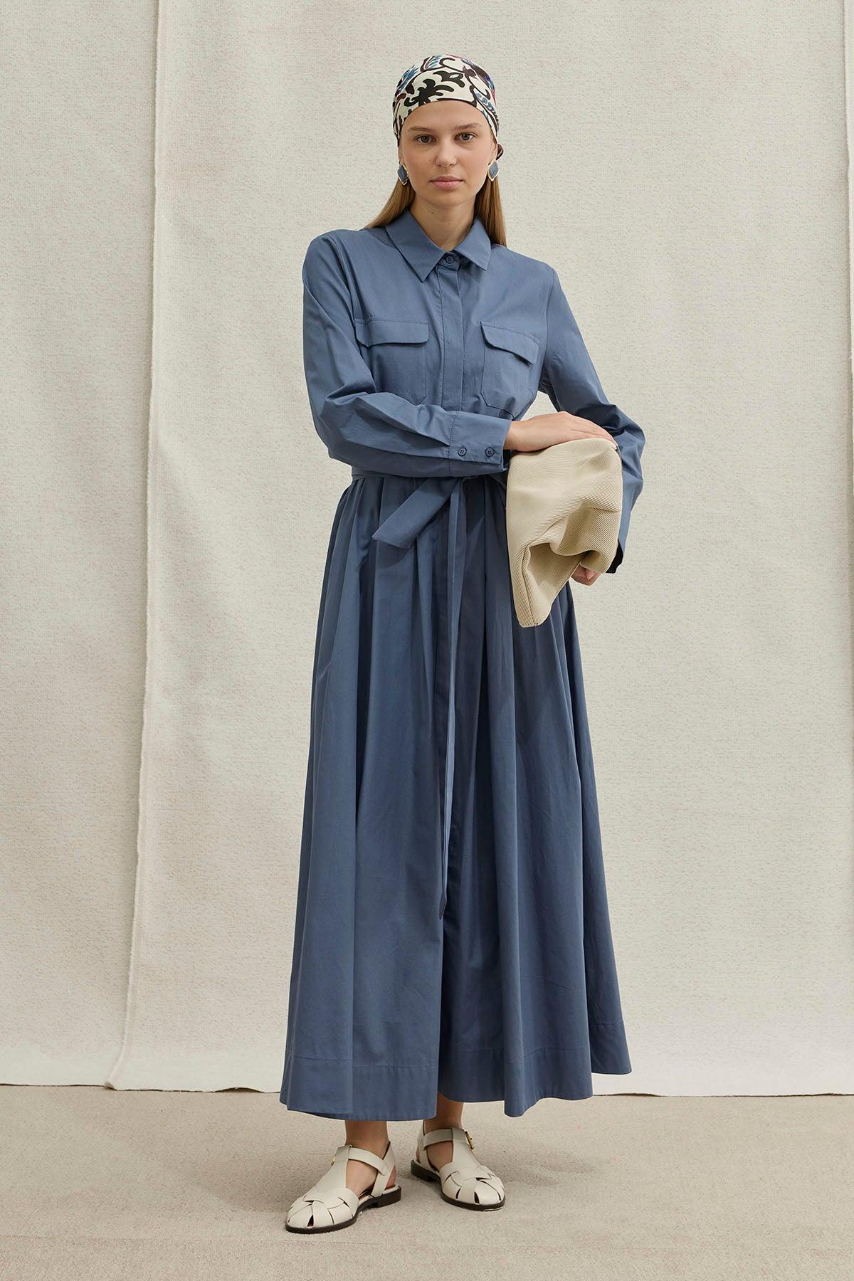 Soft Cotton Long Blue Dress with Belt