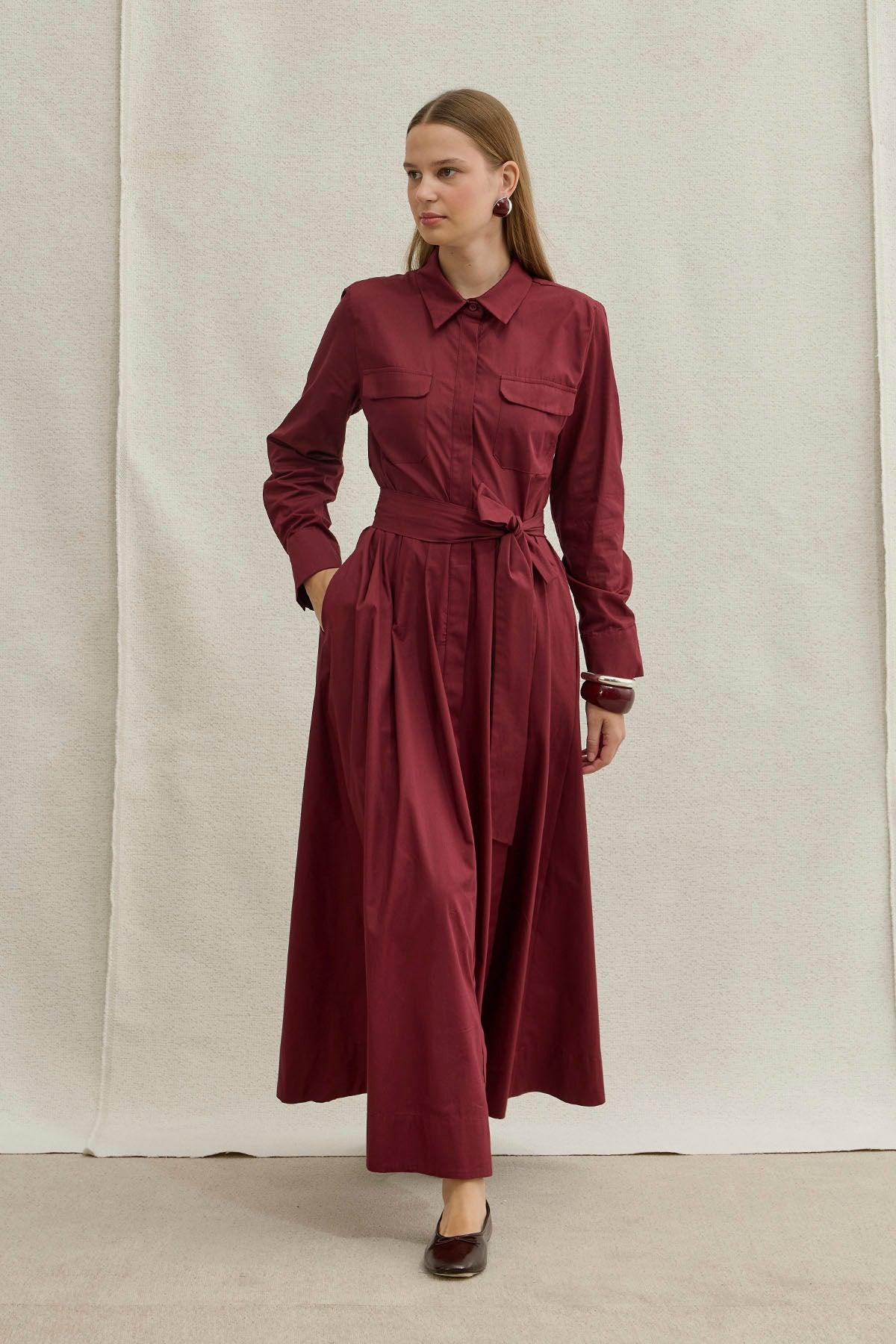 Soft Cotton Kuşaklı Uzun Bordo Elbise