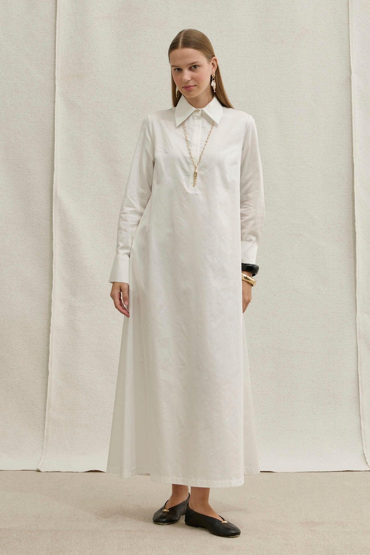 Soft Cotton Yarım Düğmeli Beyaz Uzun Gömlek Elbise