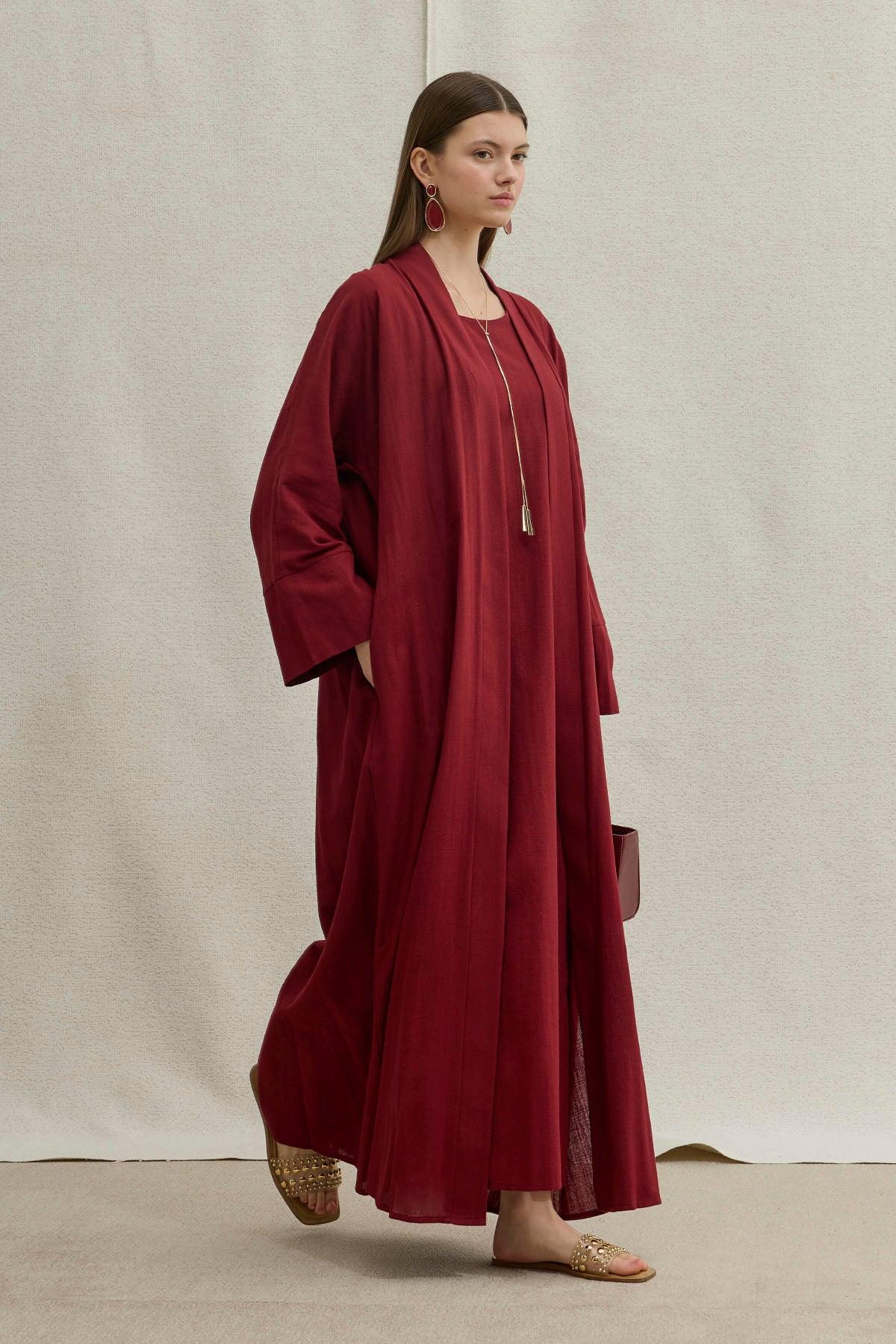 Soft Cotton Linen Two-Piece Burgundy Abaya Set