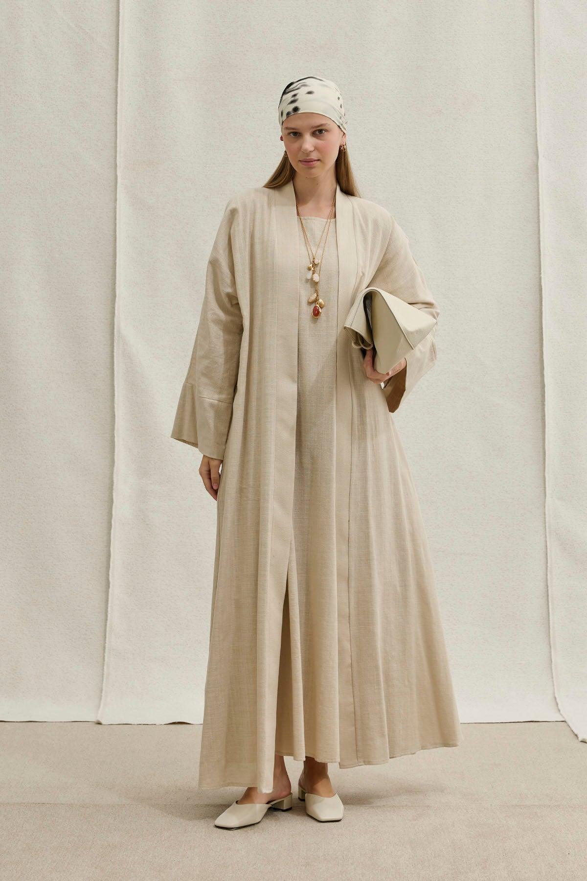 Soft Cotton Linen Two-Piece Stone Abaya Set