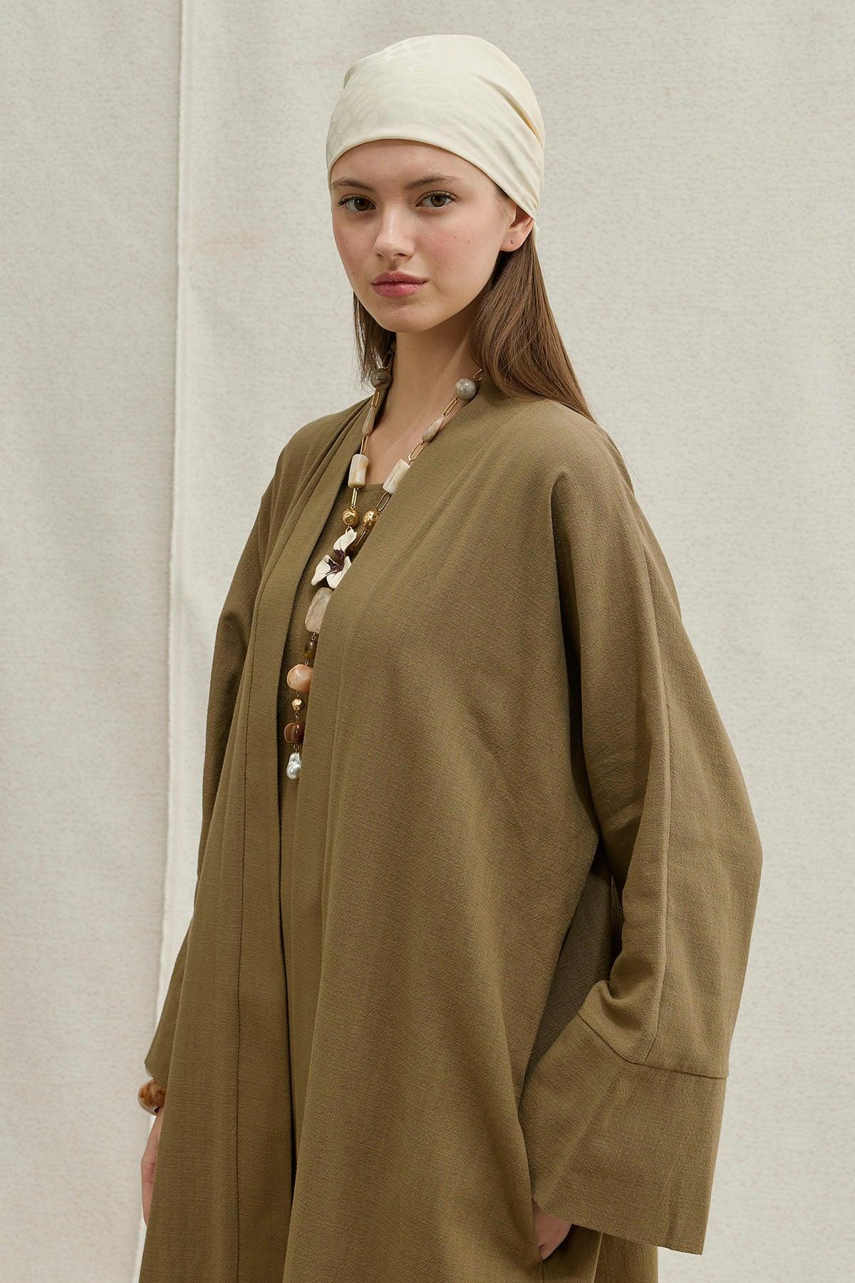 Soft Cotton Linen Two-Piece Khaki Abaya Set