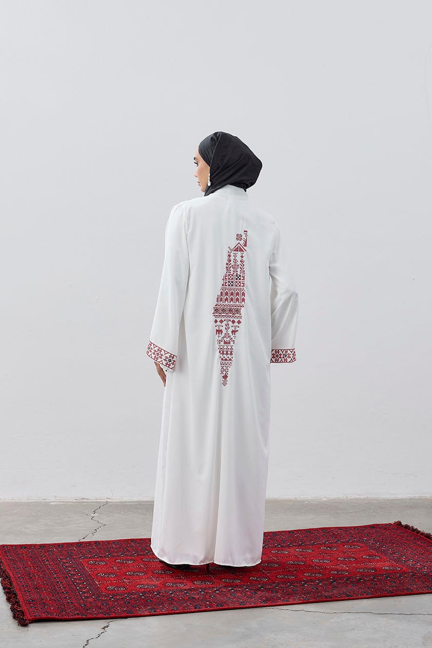 Beyaz Dubai Kumaş Kırmızı Harita Nakışlı Abaya