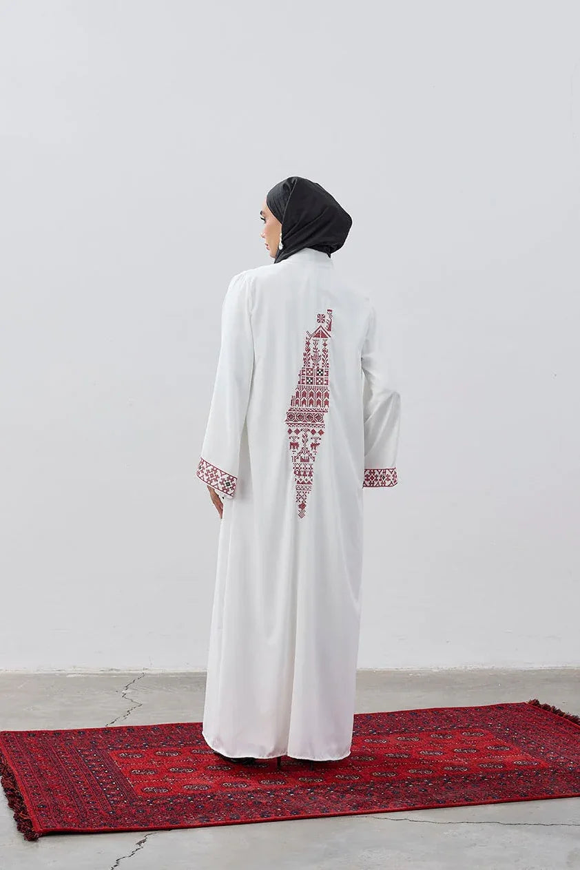 Beyaz Dubai Kumaş Kırmızı Harita Nakışlı Abaya - VIADEL Atelier