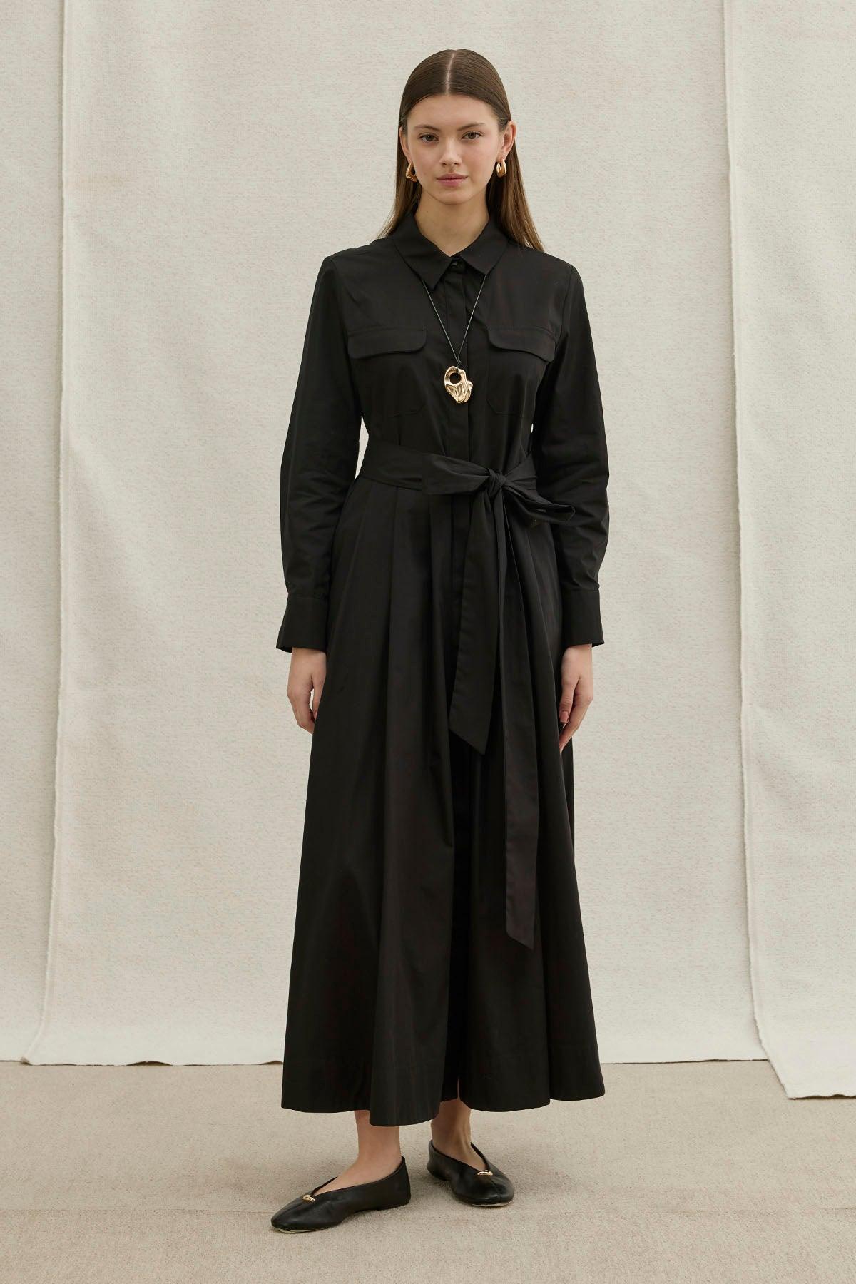 Soft Cotton Long Black Dress with Belt
