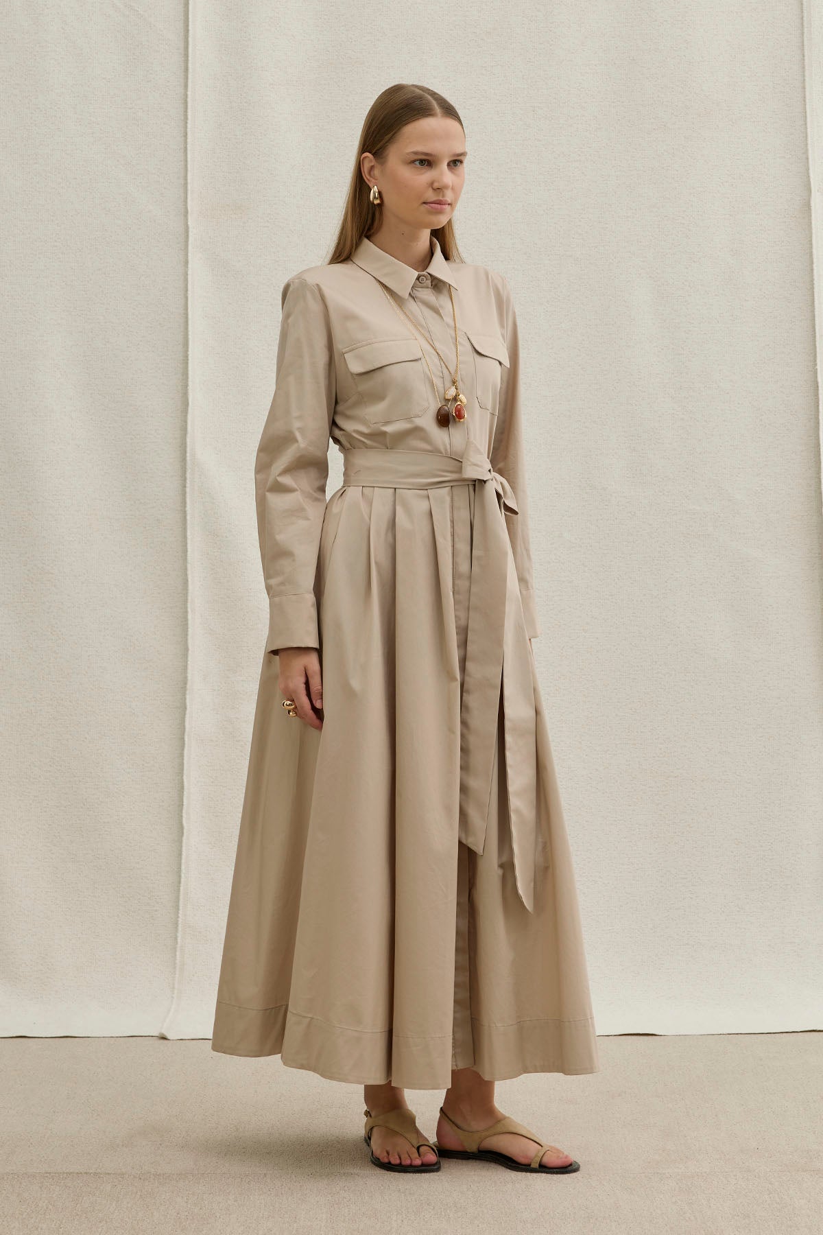 Soft Cotton Long Stone Dress with Belt