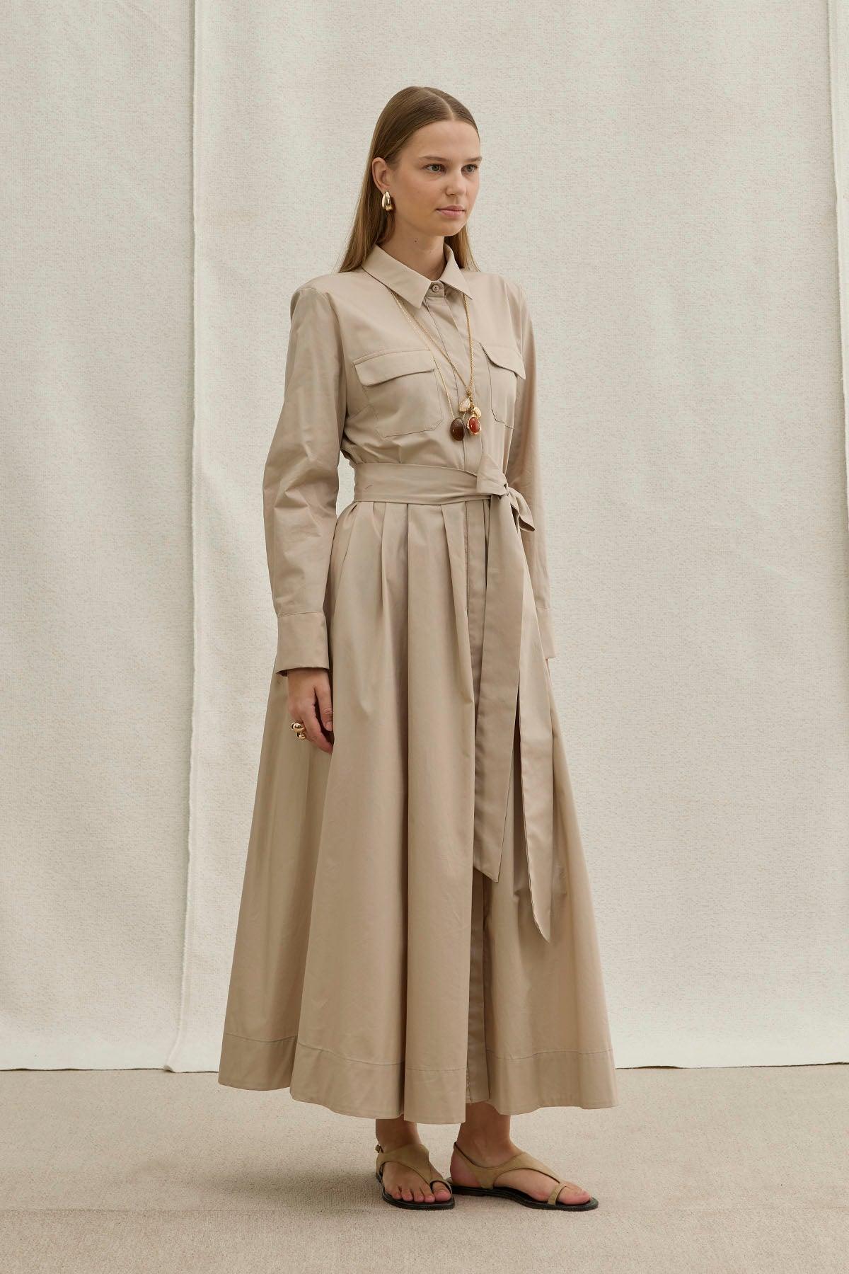 Soft Cotton Kuşaklı Uzun Taş Elbise