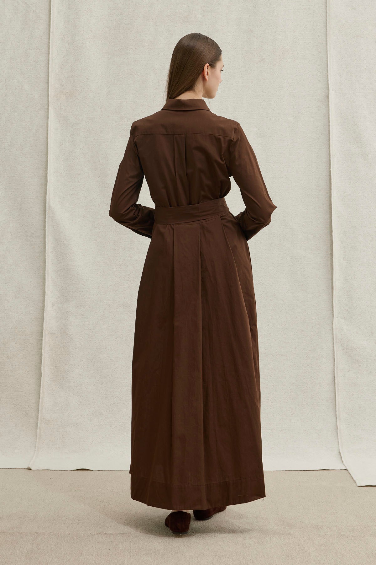 Soft Cotton Kuşaklı Uzun Kahverengi Elbise