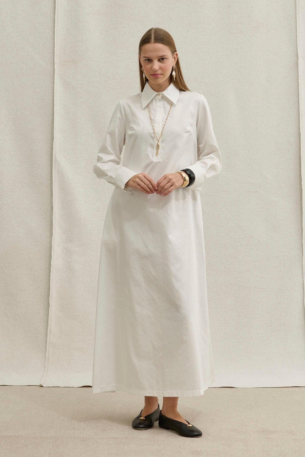 Soft Cotton Yarım Düğmeli Beyaz Uzun Gömlek Elbise