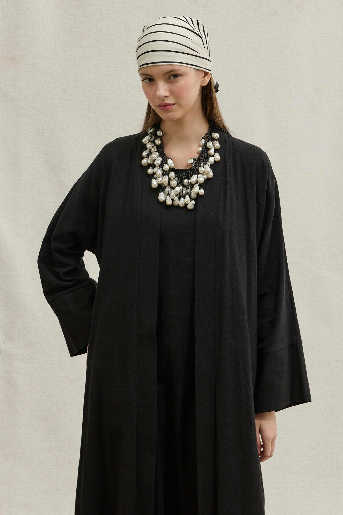 Soft Cotton Linen Two-Piece Black Abaya Set