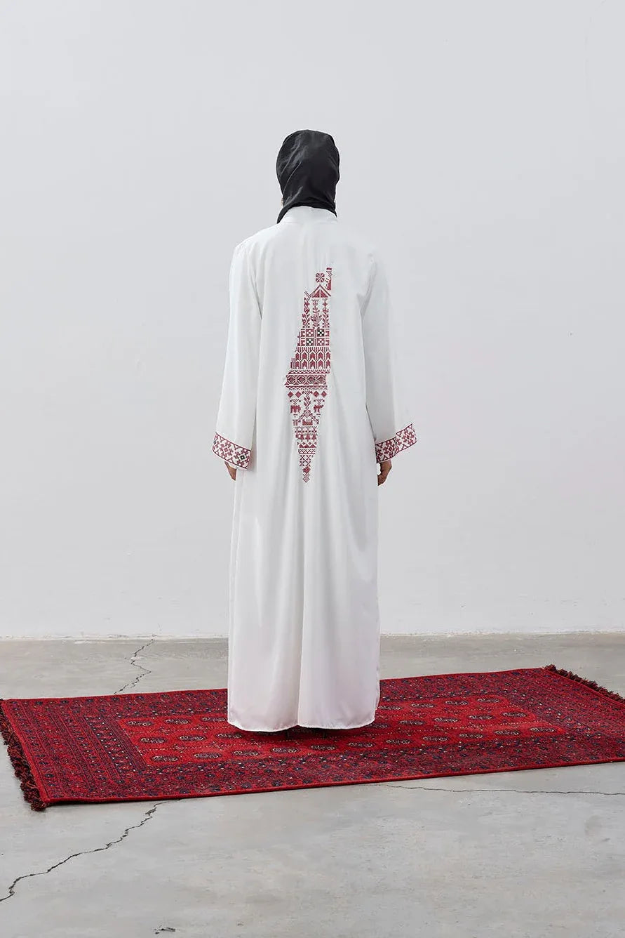 Beyaz Dubai Kumaş Kırmızı Harita Nakışlı Abaya - VIADEL Atelier
