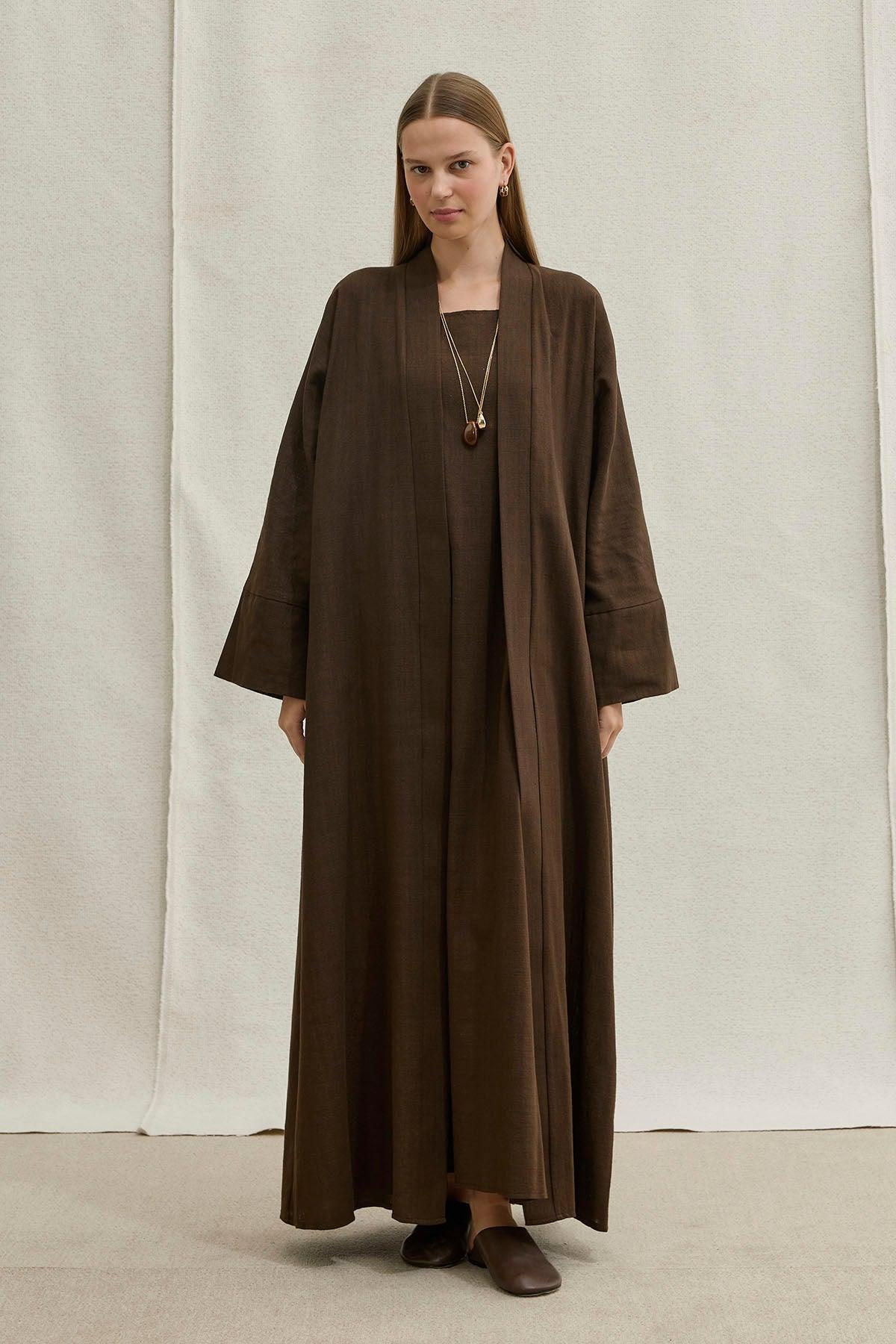 Soft Cotton Linen Two-Piece Brown Abaya Set