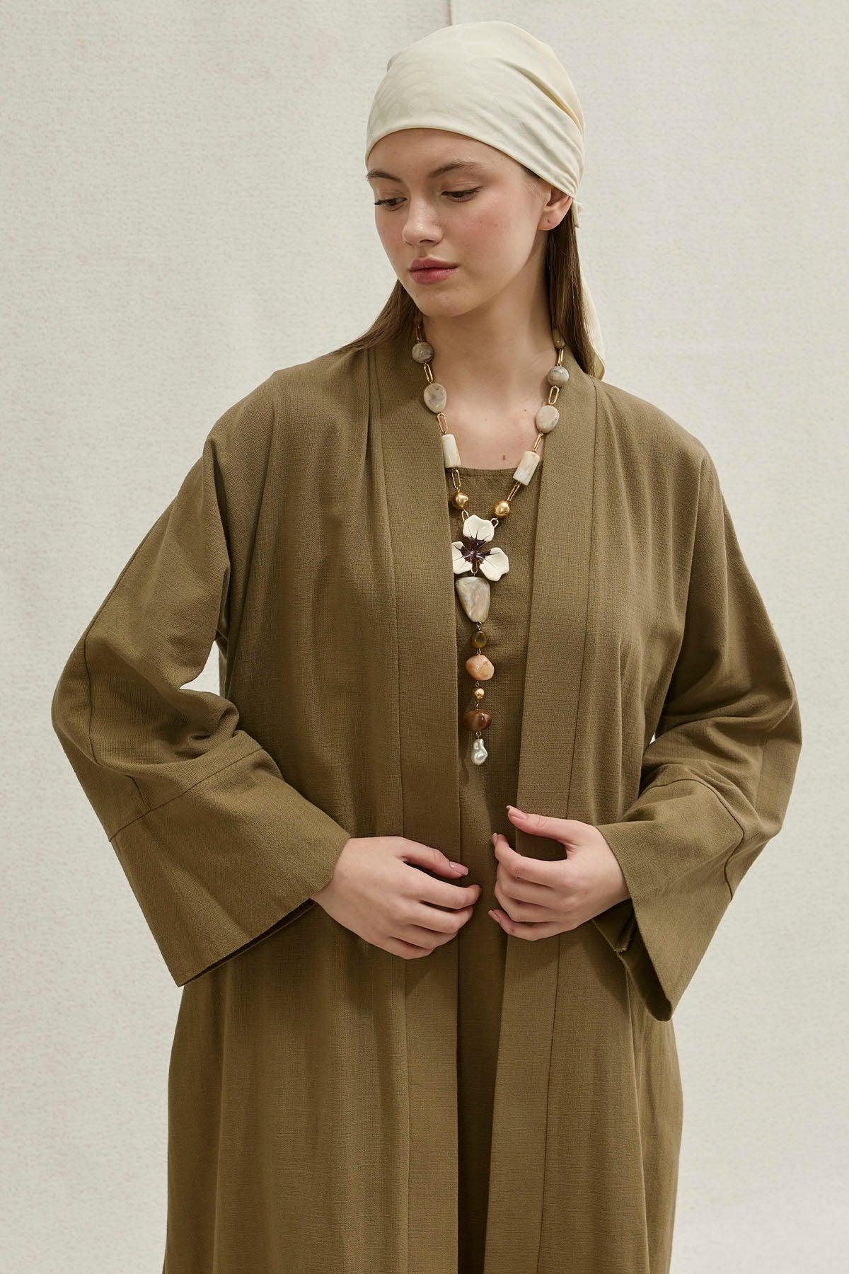 Soft Cotton Linen Two-Piece Khaki Abaya Set