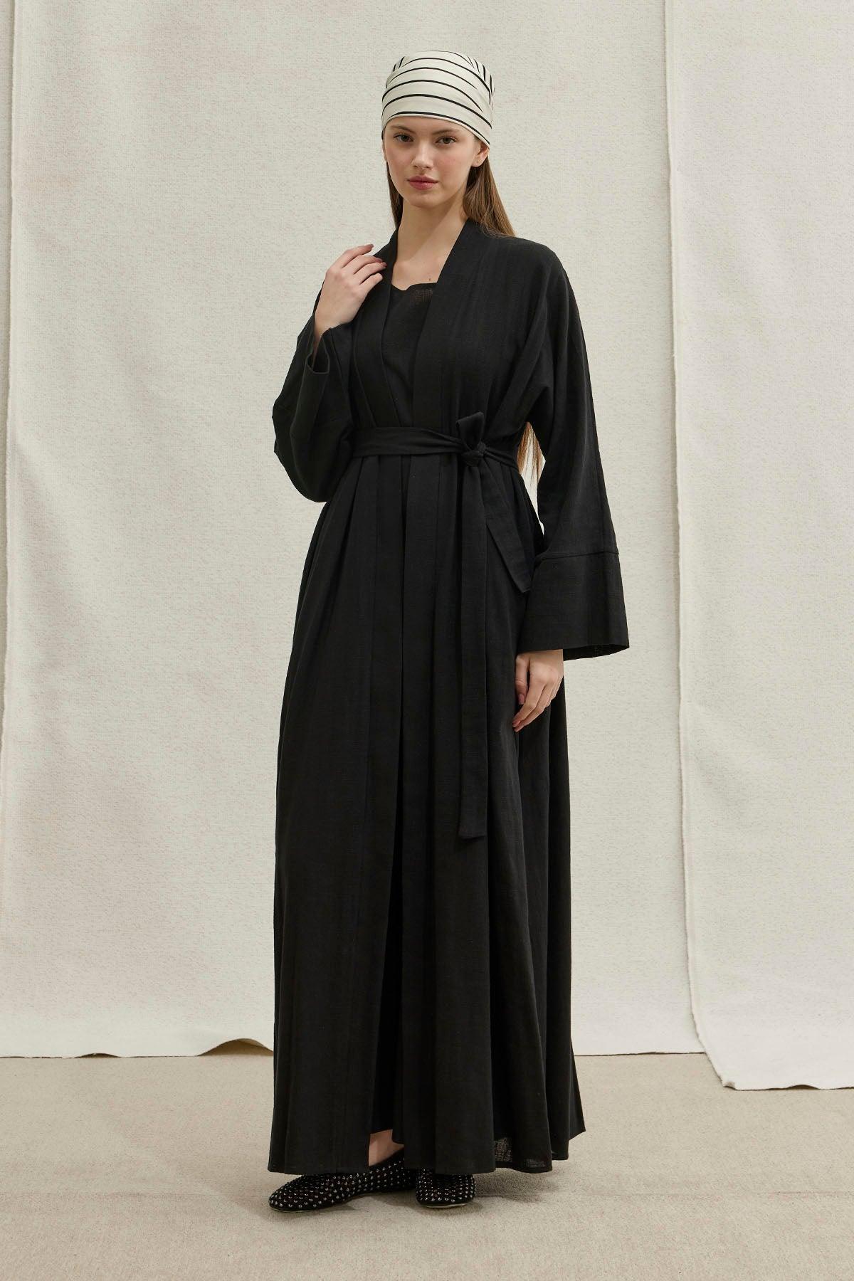 Soft Cotton Linen Two-Piece Black Abaya Set