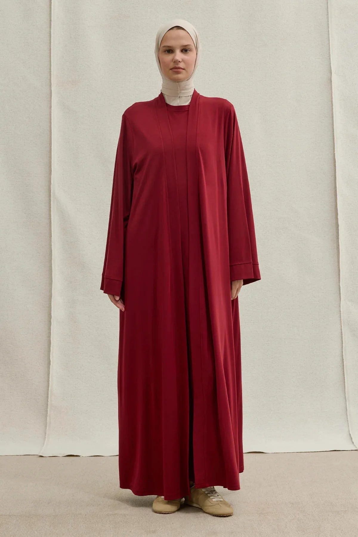 Active Modest Spor Geniş Kol Bordo İkili Abaya Takım