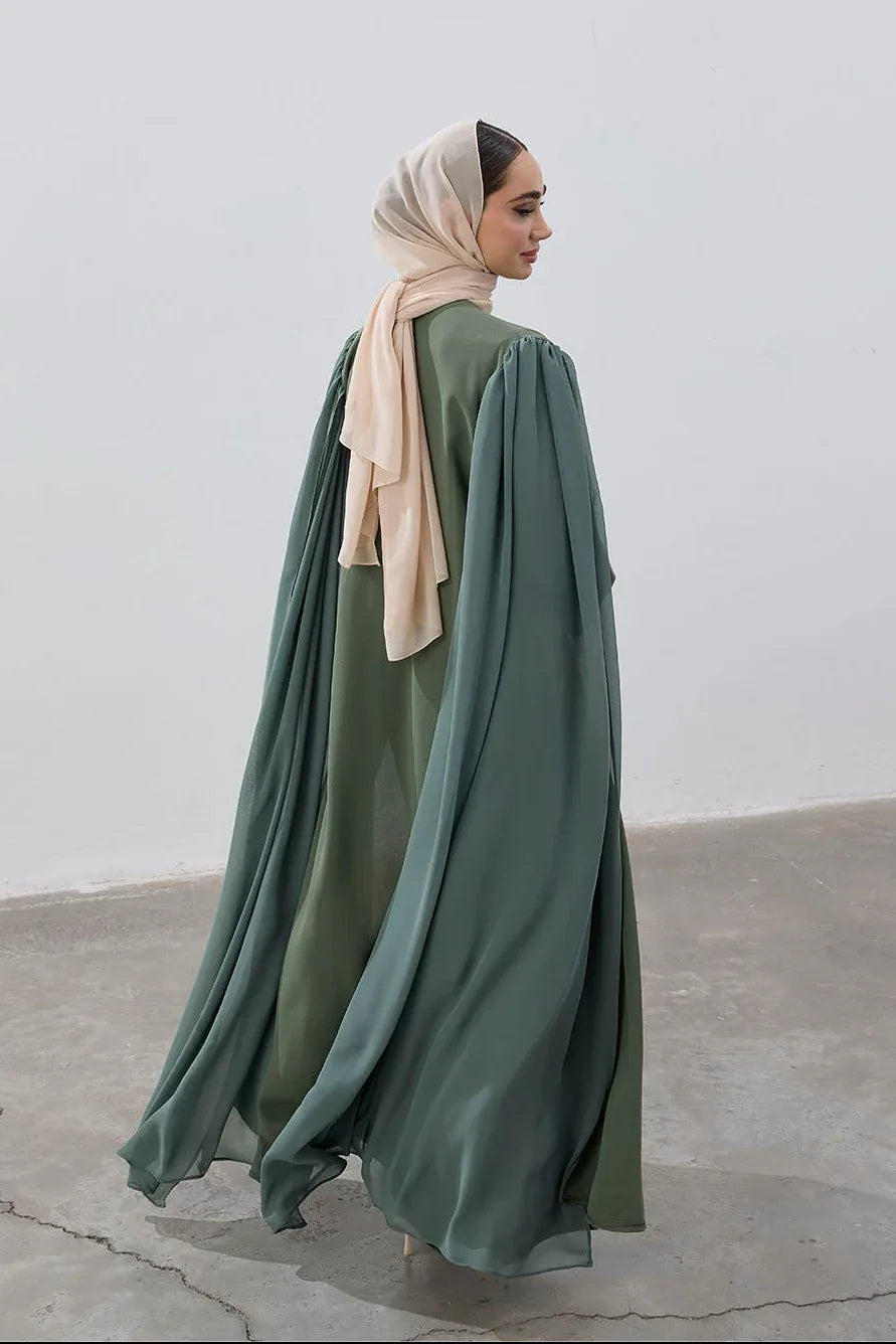 Haki Yeşil Şifon Pelerin Abaya - VIADEL Atelier