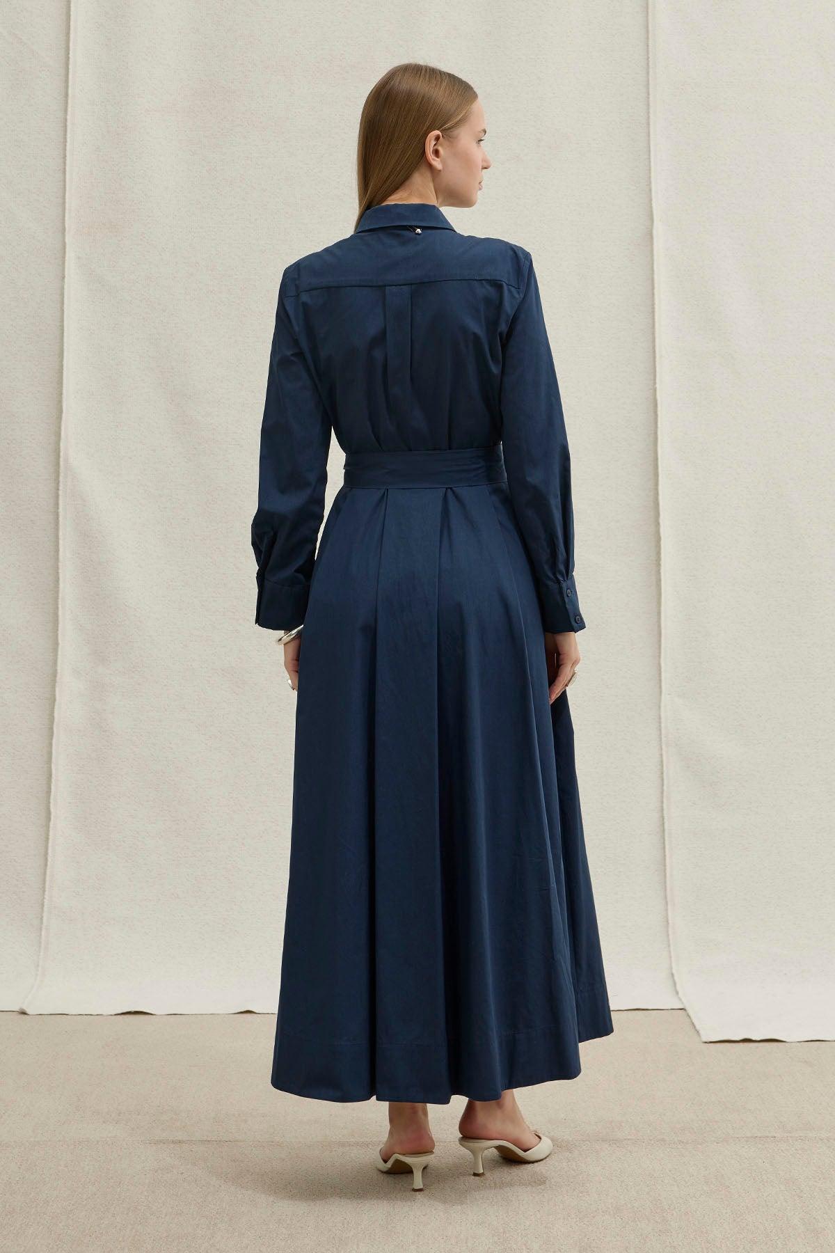 Soft Cotton Long Navy Dress with Belt
