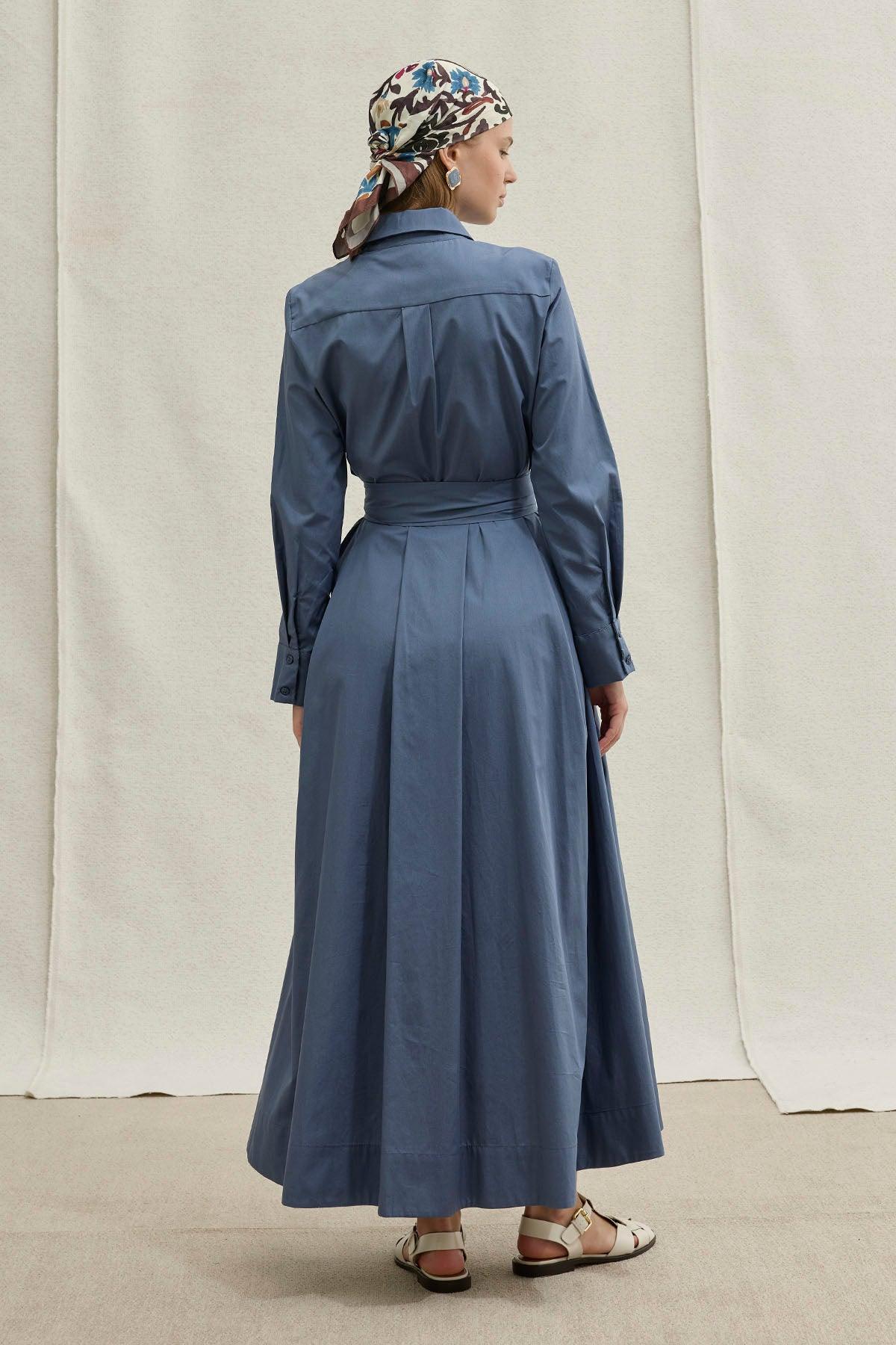 Soft Cotton Long Blue Dress with Belt