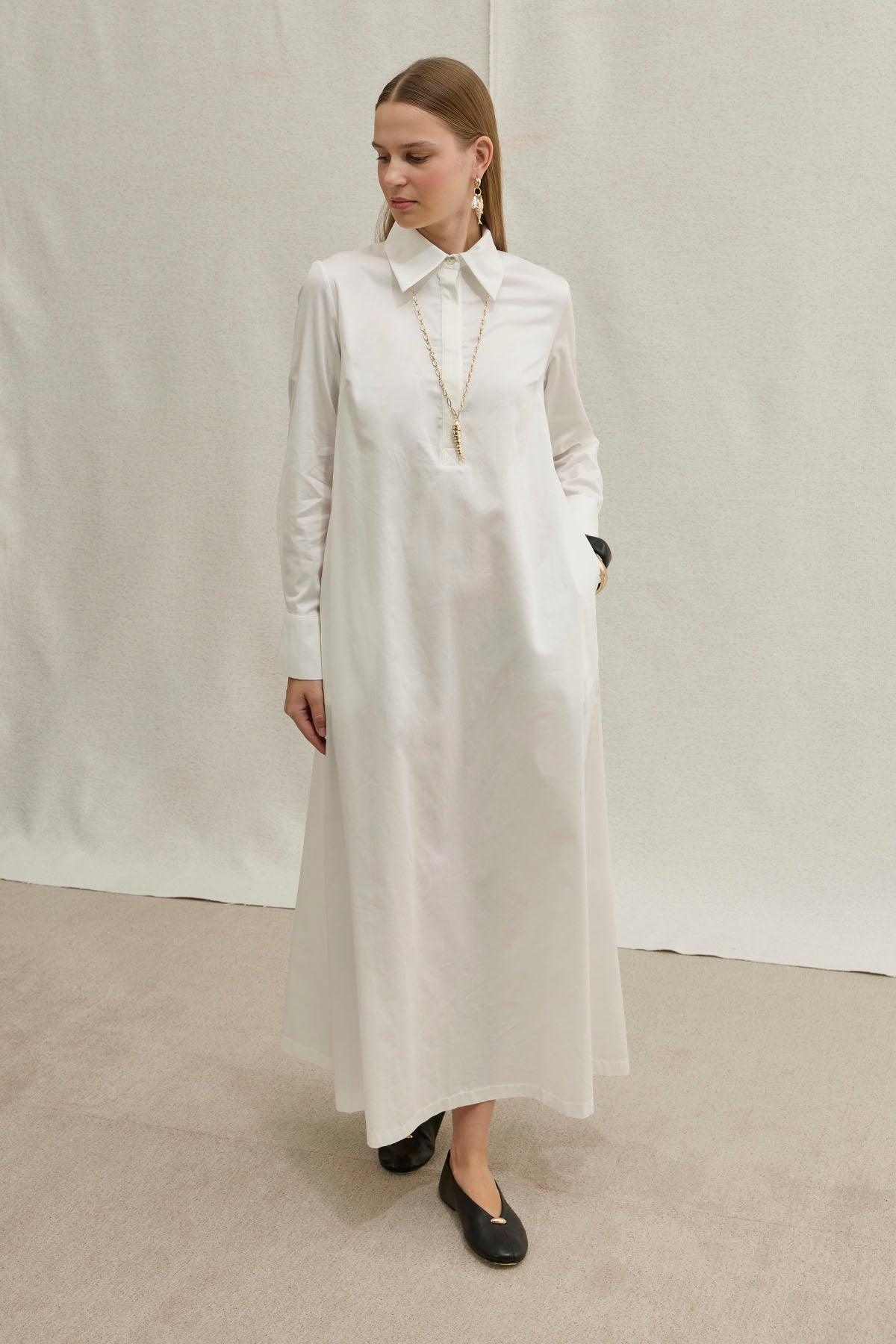 Soft Cotton Yarım Düğmeli Beyaz Uzun Gömlek Elbise