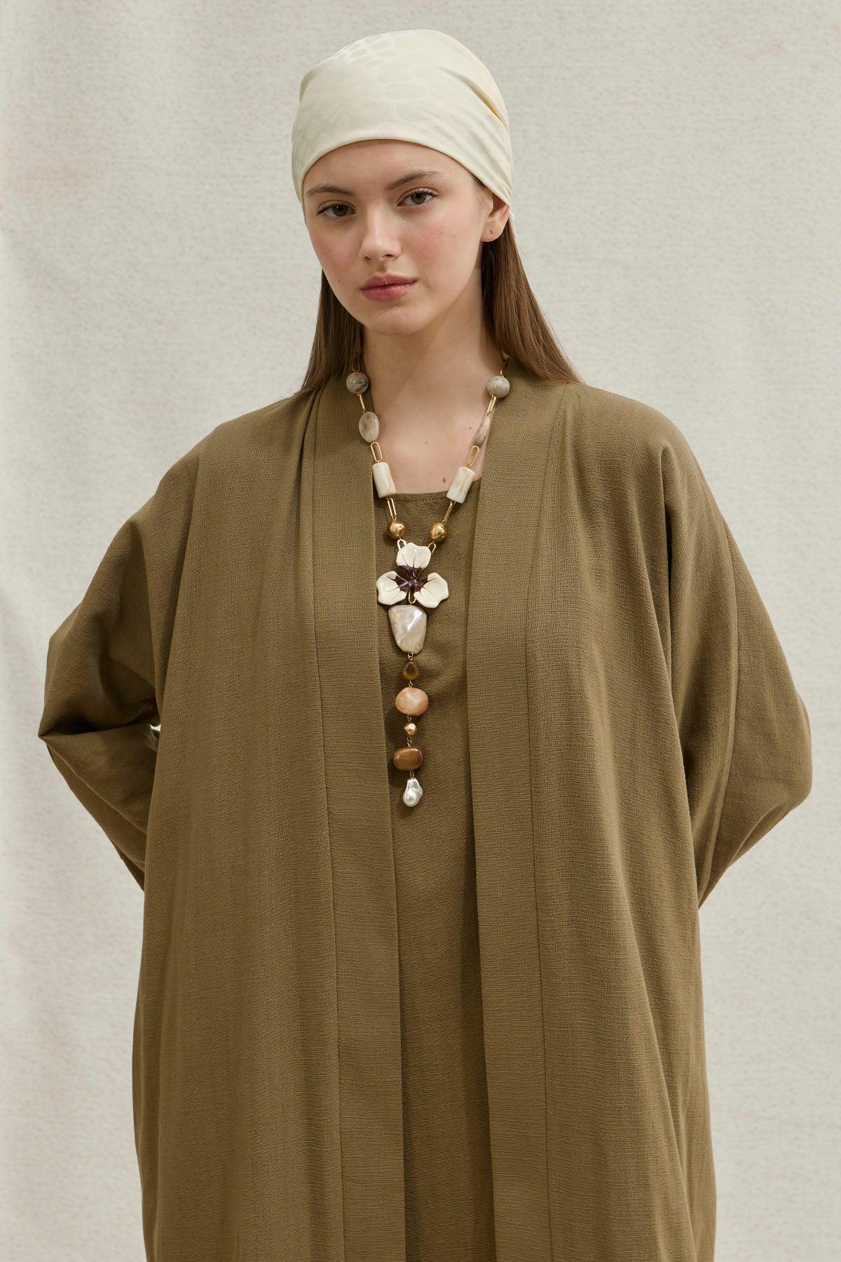 Soft Cotton Linen Two-Piece Khaki Abaya Set