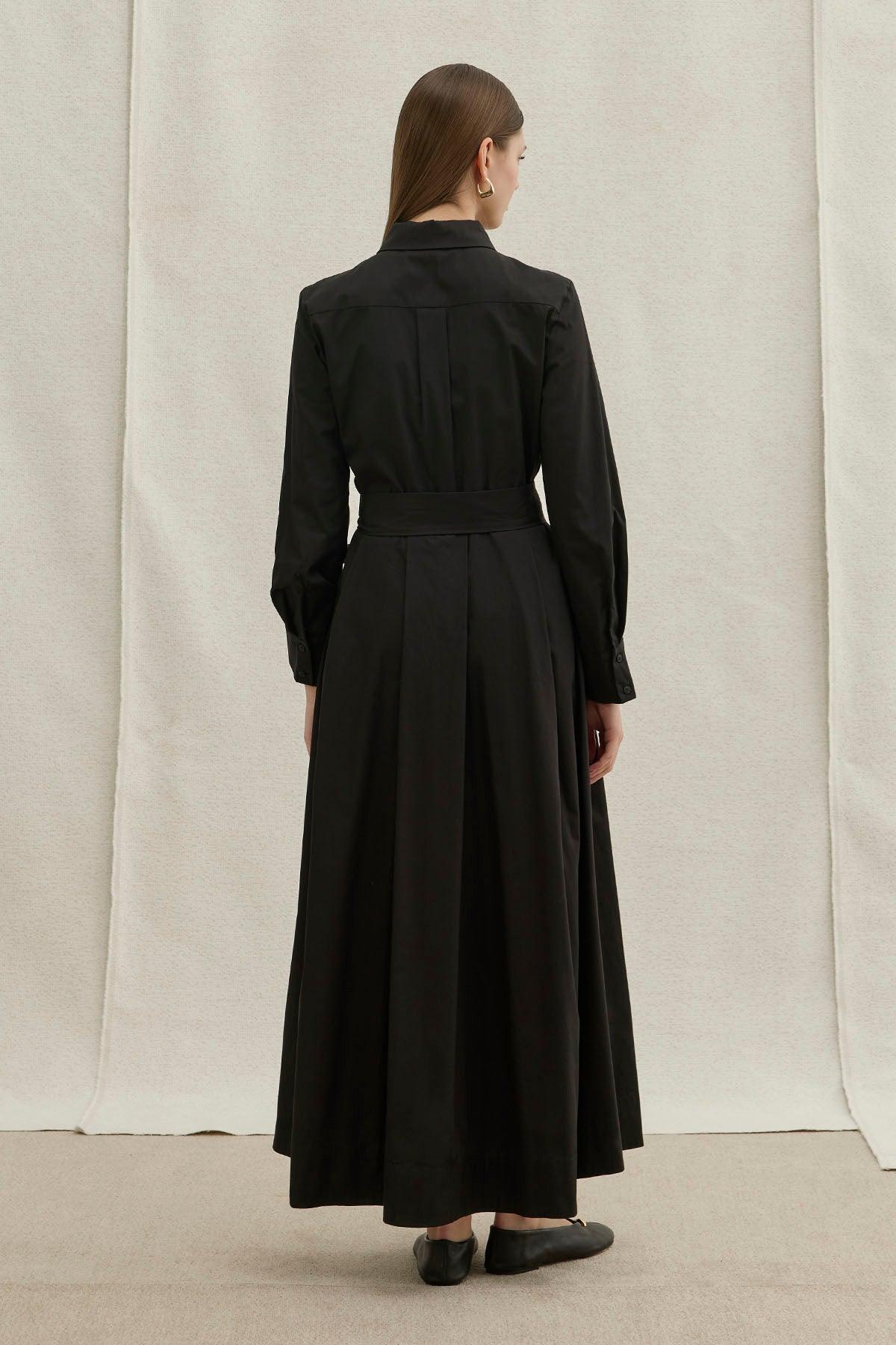 Soft Cotton Long Black Dress with Belt